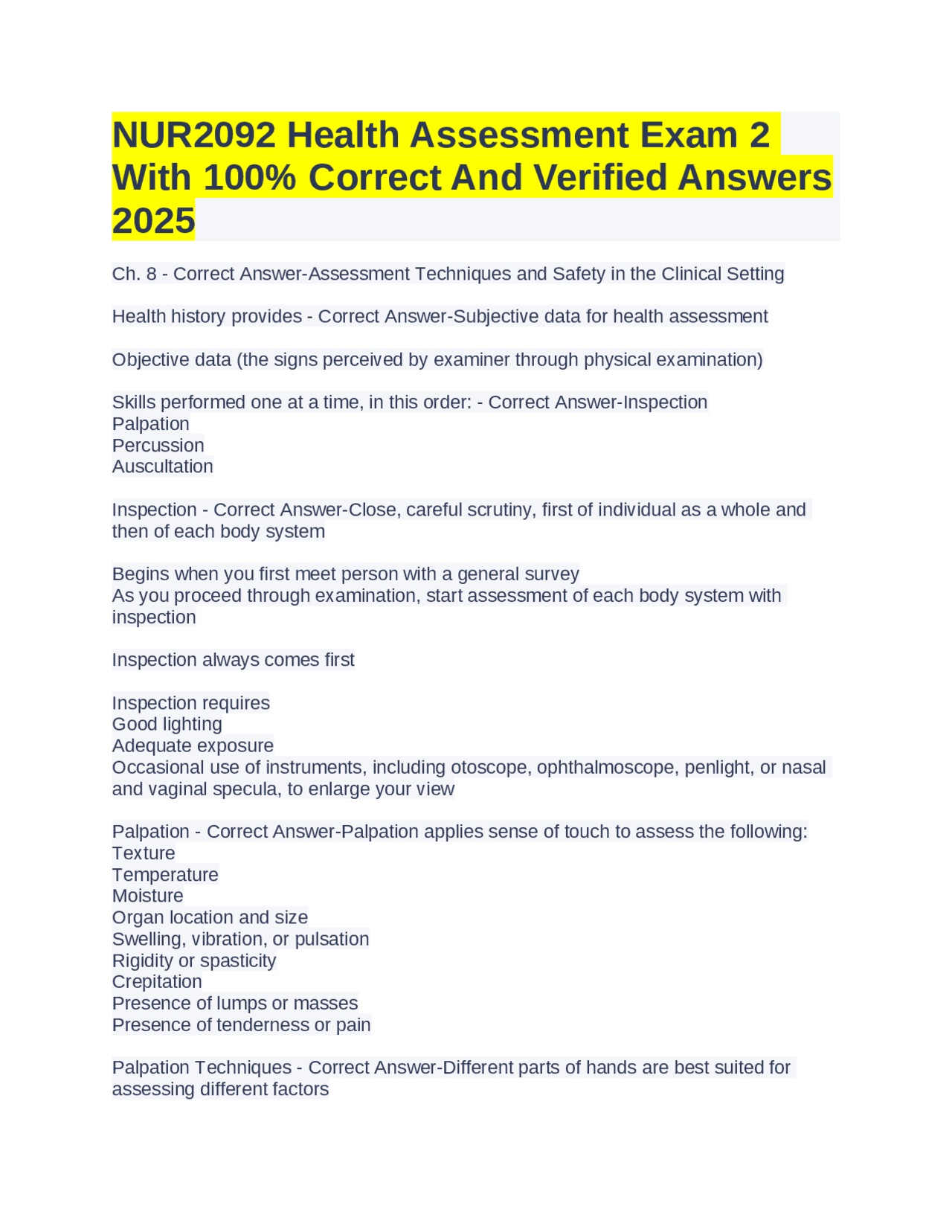 NUR2092 Health Assessment Exam 2: Study Guide with Answers | Exams ...