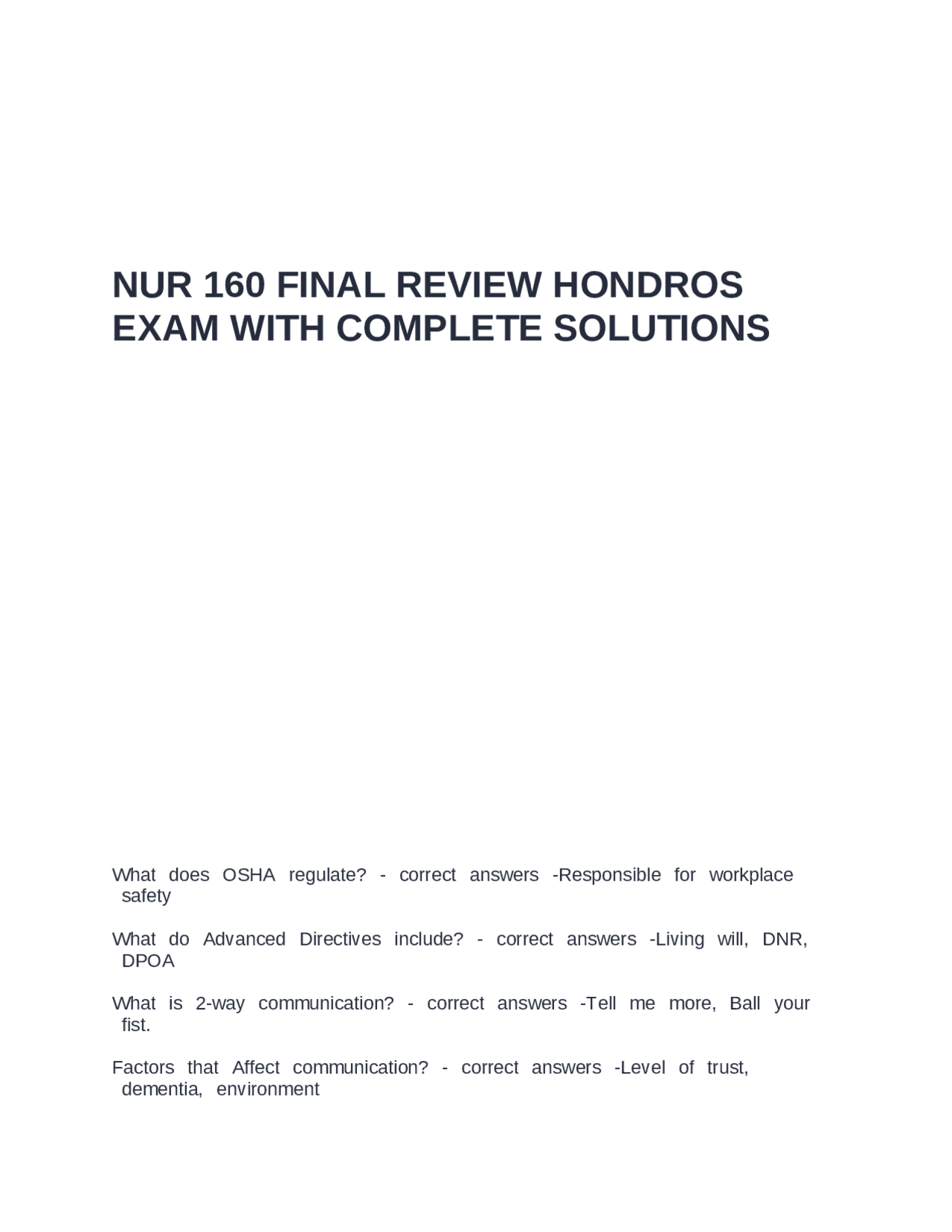 NUR 160 Final Review: HONDROS Exam with Complete Solutions | Exams ...