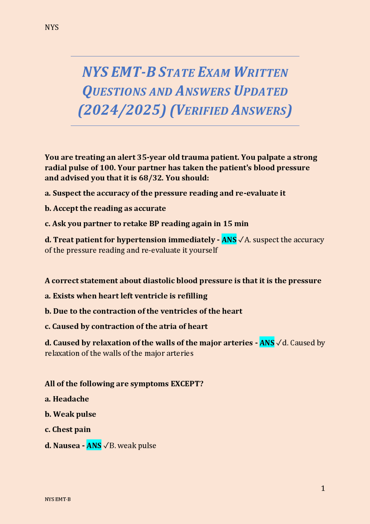 NYS EMT-B STATE EXAM WRITTEN QUESTIONS AND ANSWERS UPDATED (2024/2025 ...
