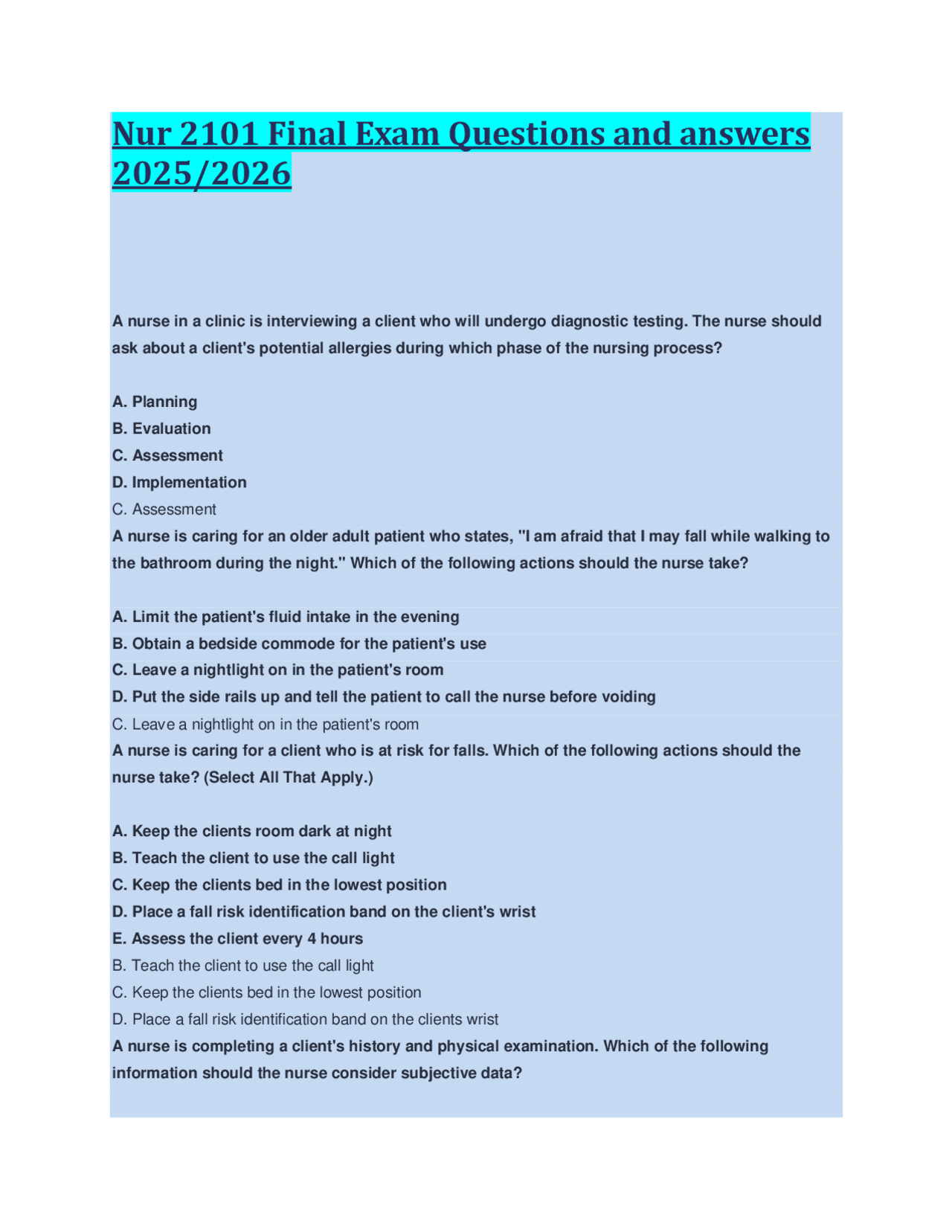 Nursing 2101 Final Exam Questions and Answers: 2025/2026 | Exams ...