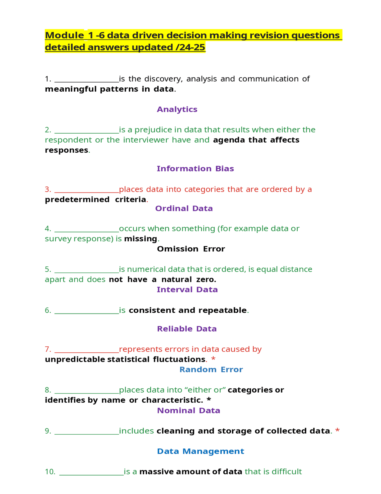 Module 1 -6 data driven decision making revision questions detailed ...