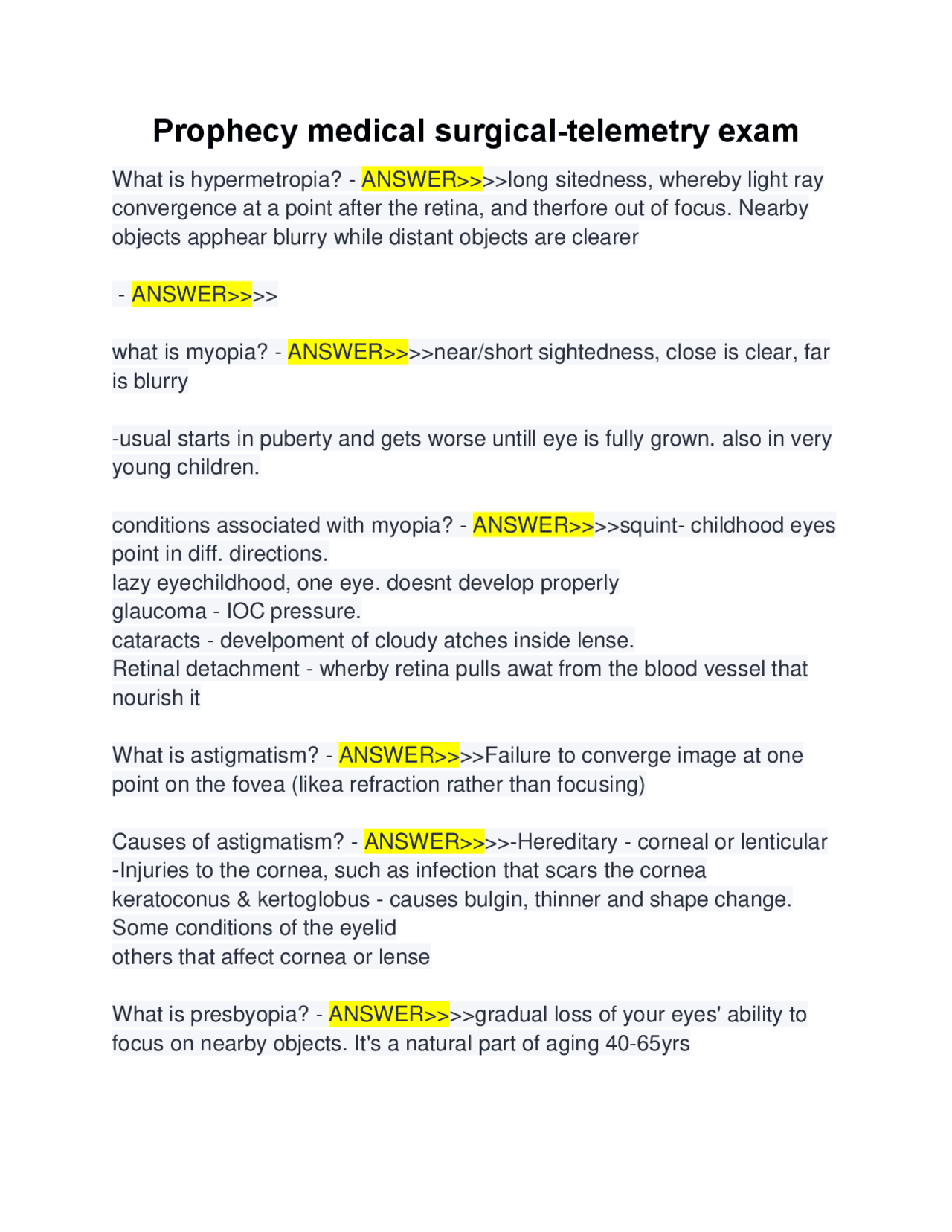 Prophecy Medical Surgical-Telemetry Exam: Ophthalmology Questions and ...