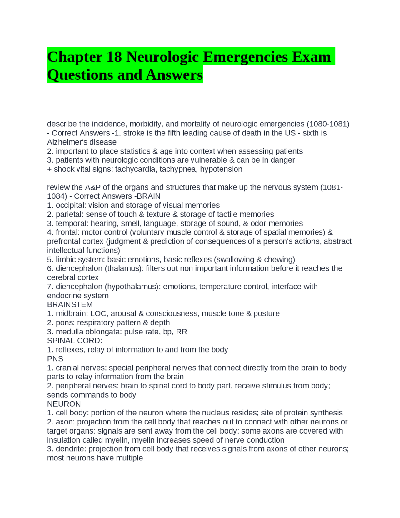 Chapter 18 Neurologic Emergencies Exam Questions and Answers with ...