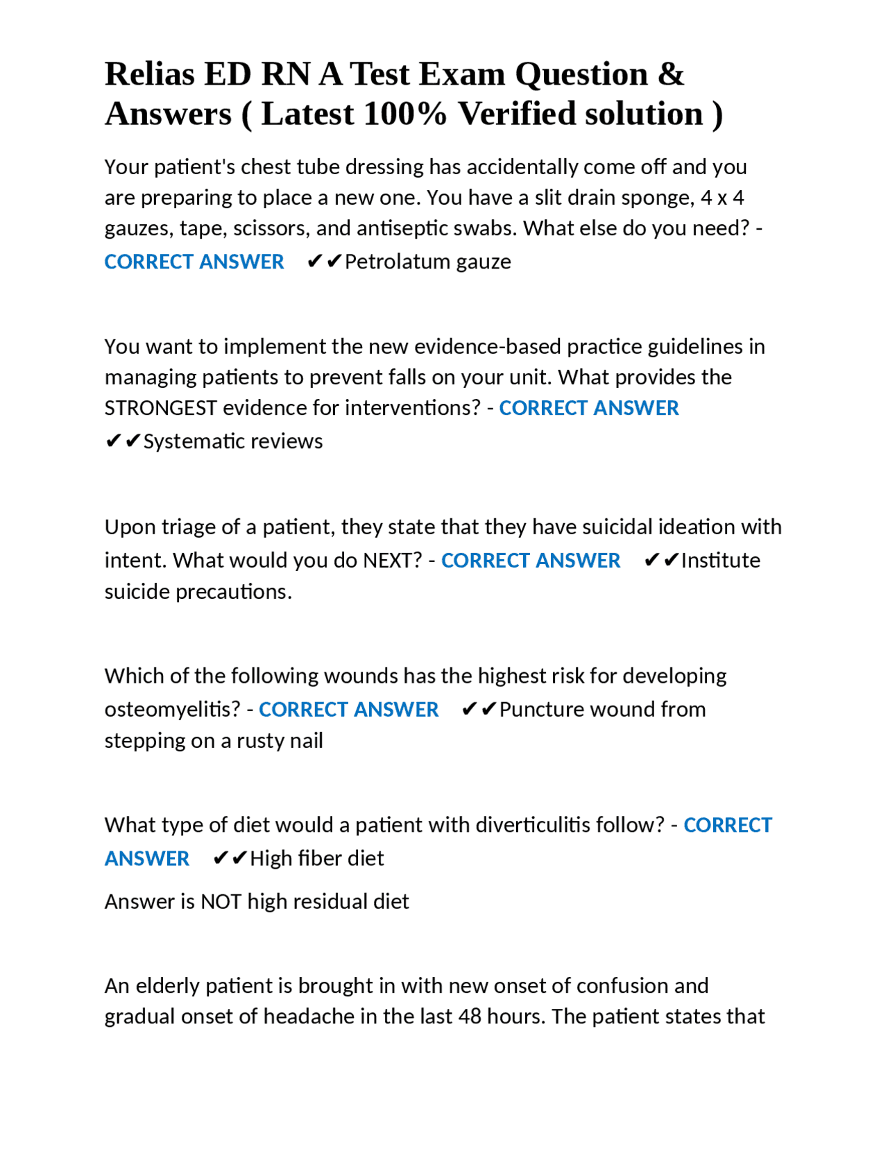 Relias ED RN A Test Exam Question &amp; Answers ( Latest 100% Verified solution ) | Exams Nursing ...