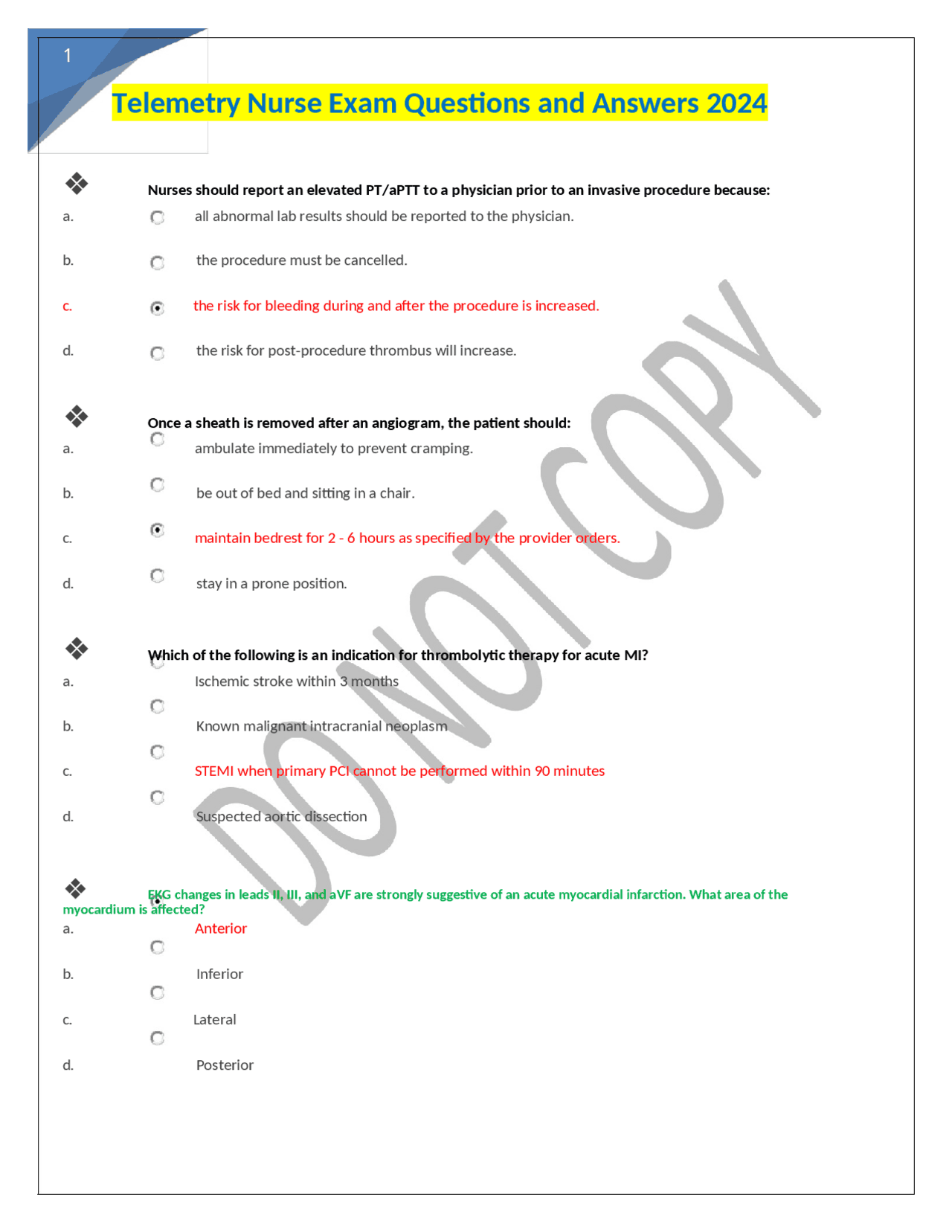 Telemetry Nurse Exam Questions and Answers 2024 | Exams Nursing | Docsity