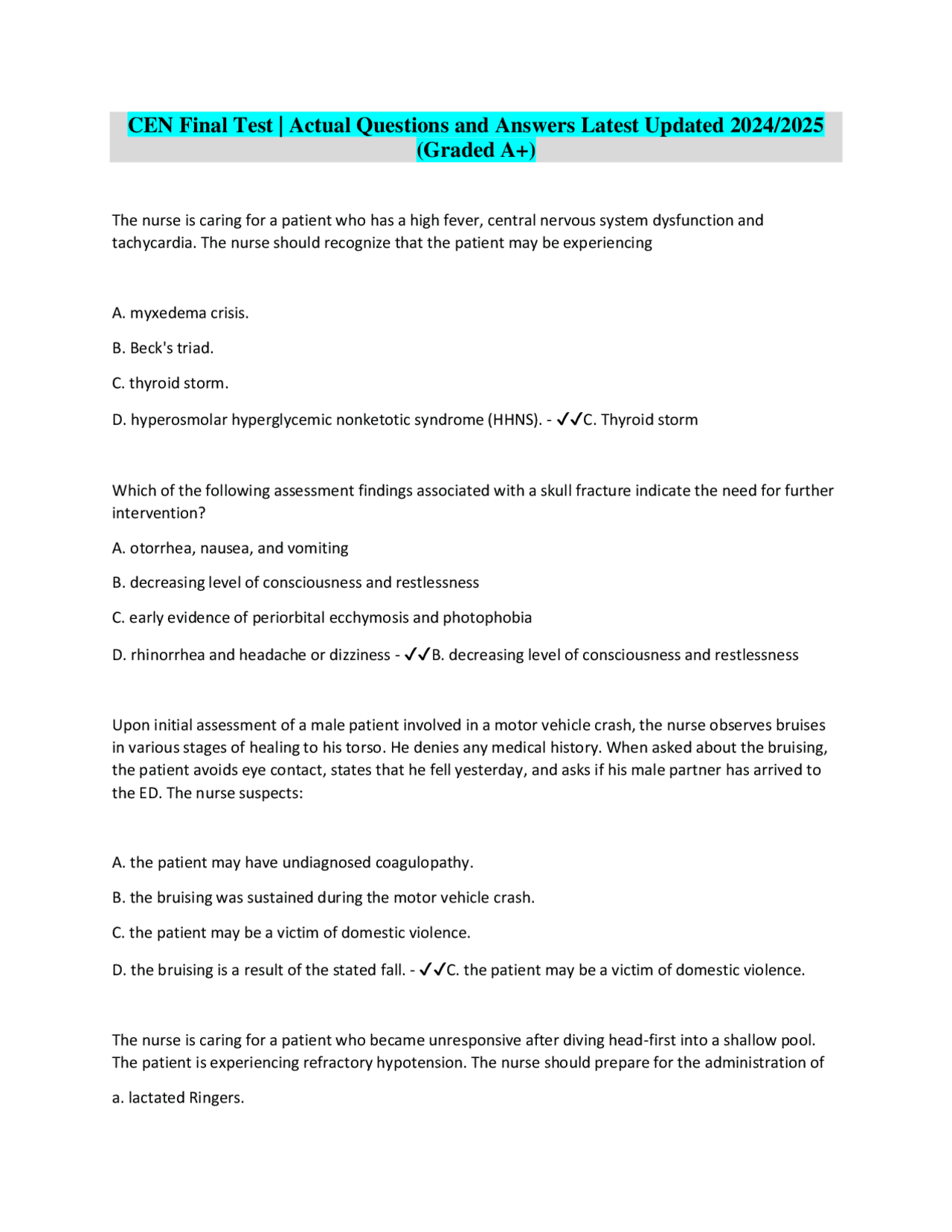 CEN Final Test | Actual Questions and Answers Latest Updated 2024/2025 ...