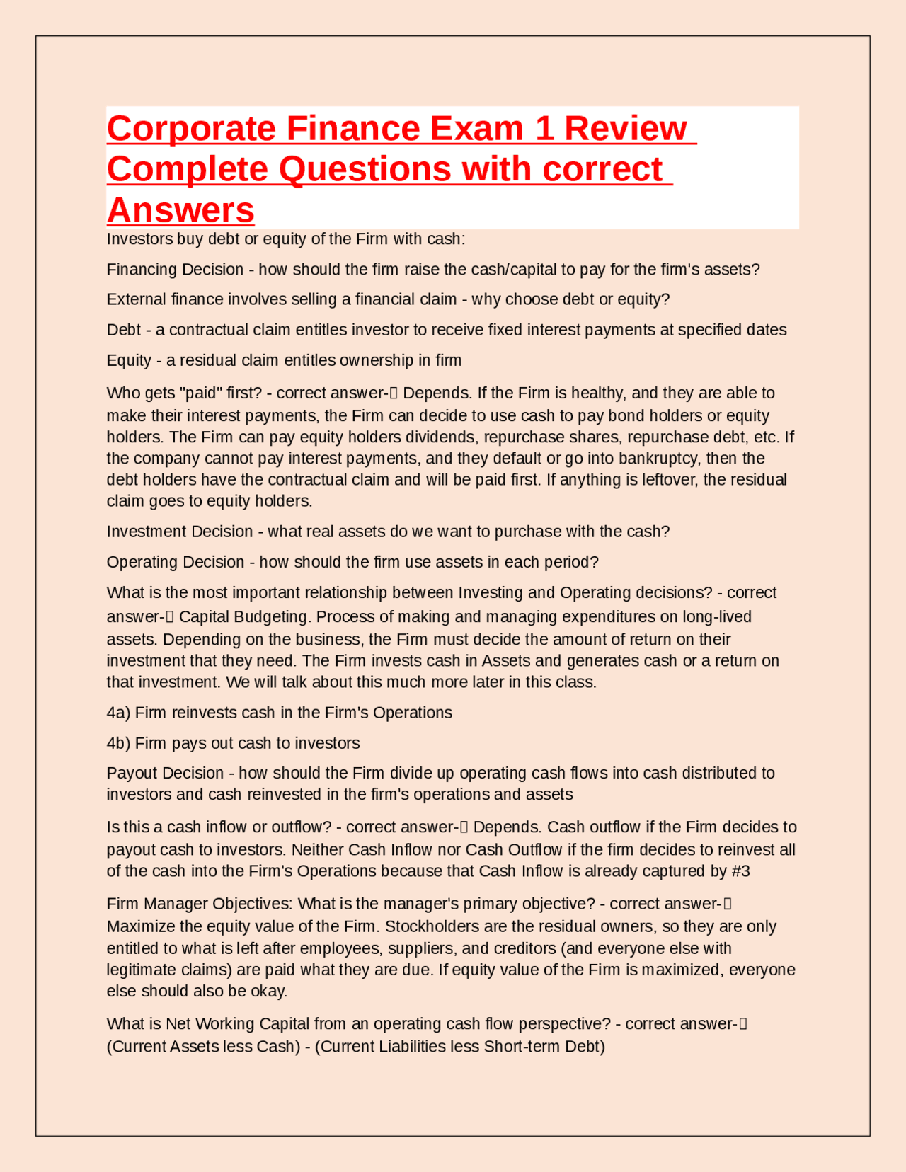 Corporate Finance Exam 1 Review Complete Questions with correct Answers ...
