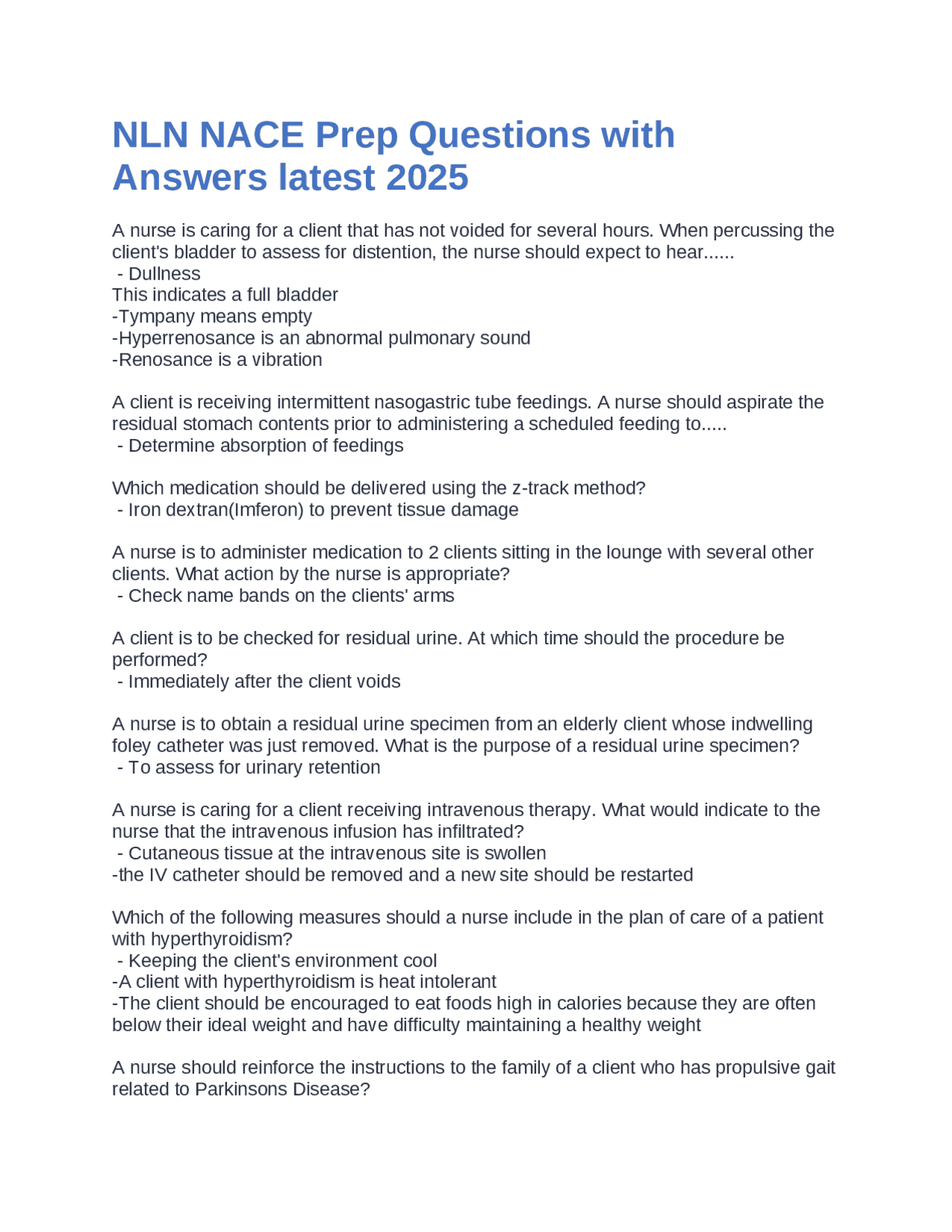 Nln Study NLN NACE Prep Questions with Answers: Latest 2025 Edition | Exams ...