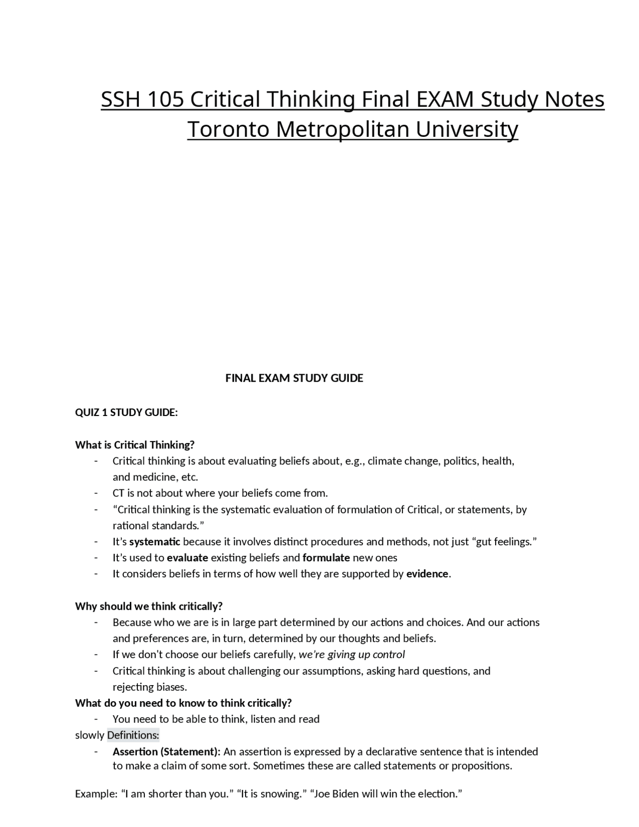 SSH 105 Critical Thinking Final EXAM Study Notes Toronto Metropolitan ...