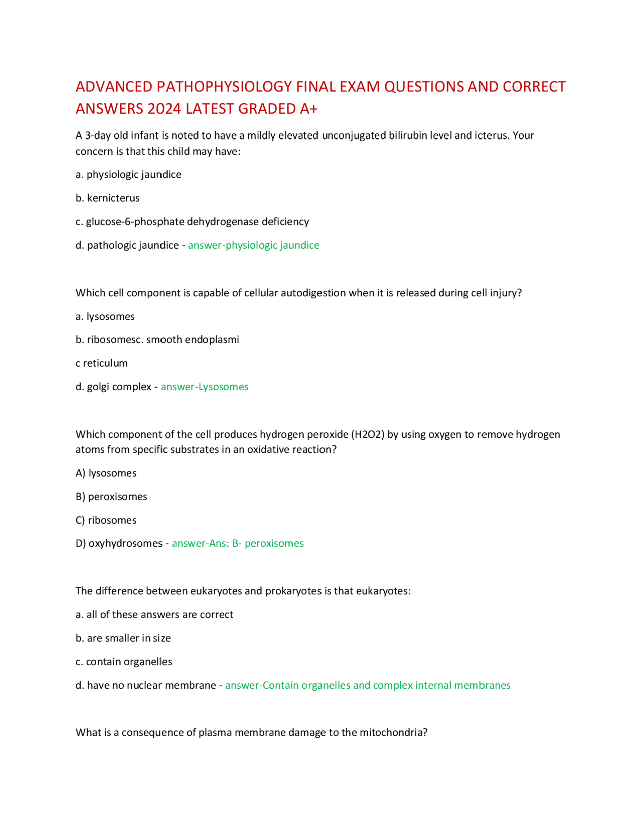 ADVANCED PATHOPHYSIOLOGY FINAL EXAM QUESTIONS AND CORRECT ANSWERS 2024 ...