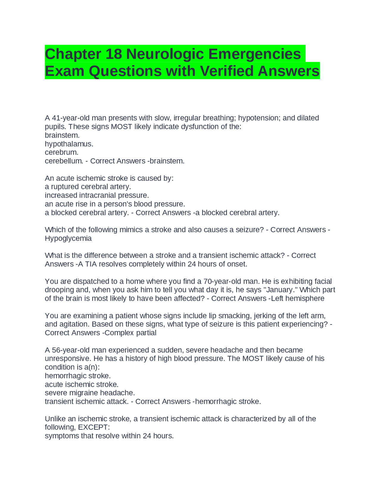 Chapter 18 Neurologic Emergencies Exam Questions with Verified Answers ...
