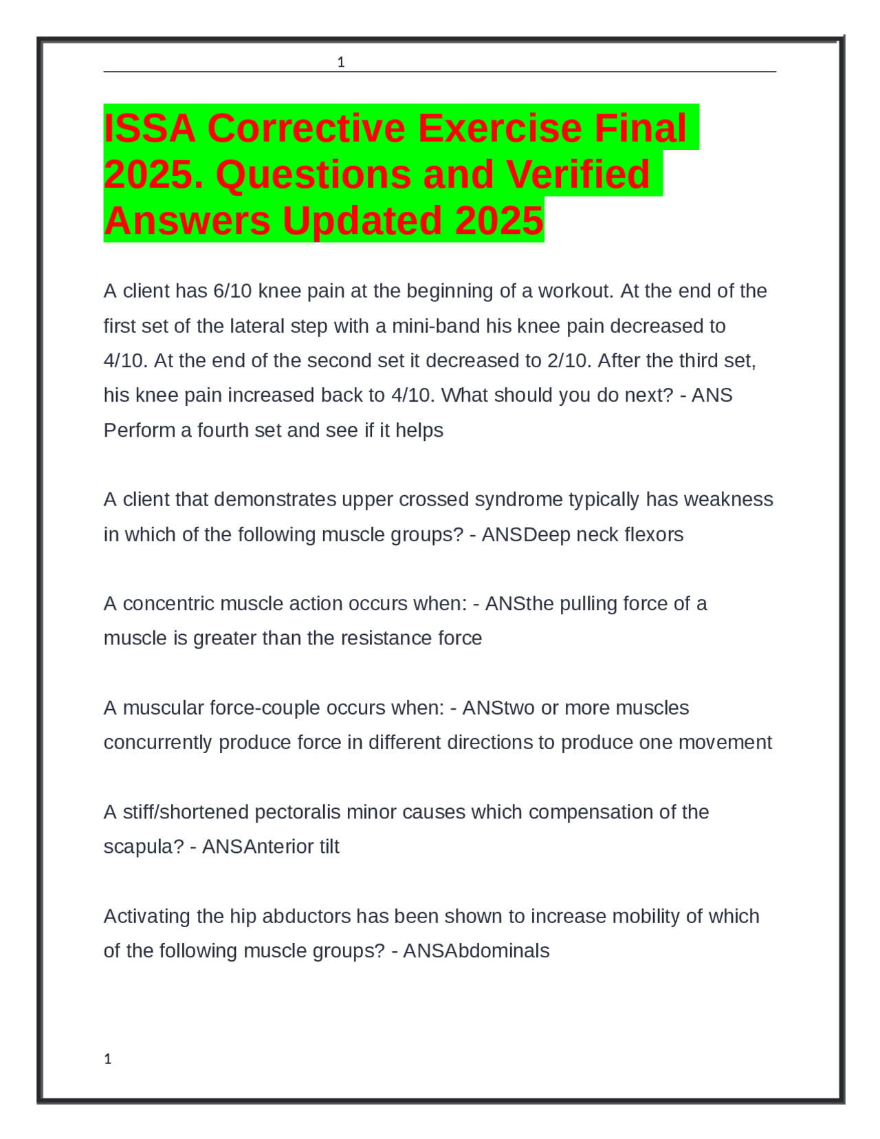 ISSA Corrective Exercise Final 2025. Questions and Verified Answers ...
