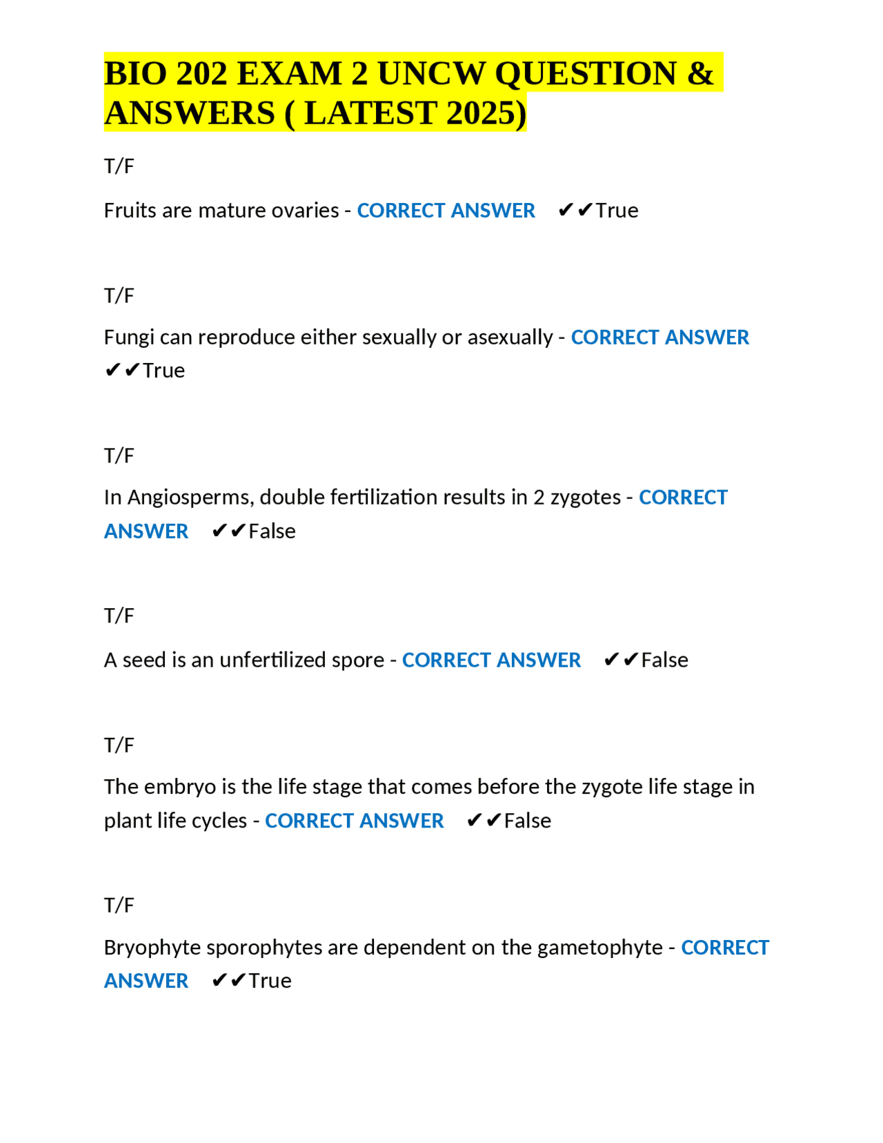 BIO 202 Exam 2 UNCW: Questions and Answers (Latest 2025) | Exams ...