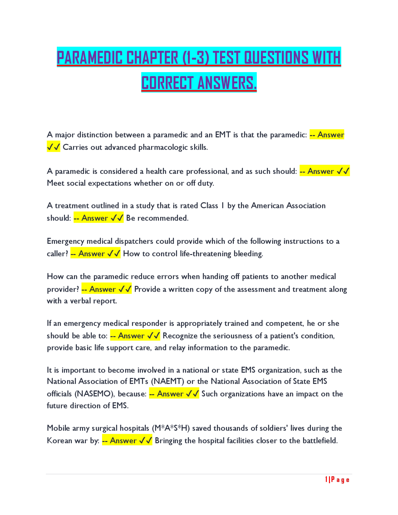 PARAMEDIC CHAPTER (1-3) TEST QUESTIONS WITH CORRECT ANSWERS | Exams ...