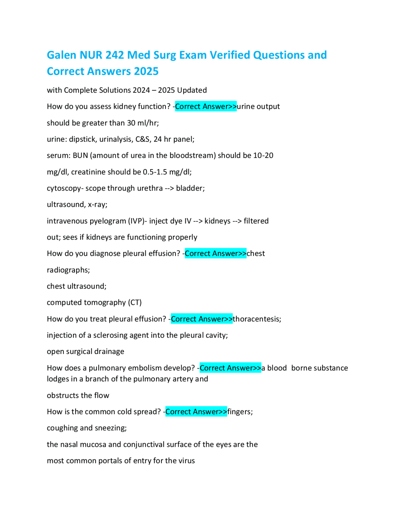 Galen NUR 242 Med Surg Exam Verified Questions and Correct Answers 2025 ...