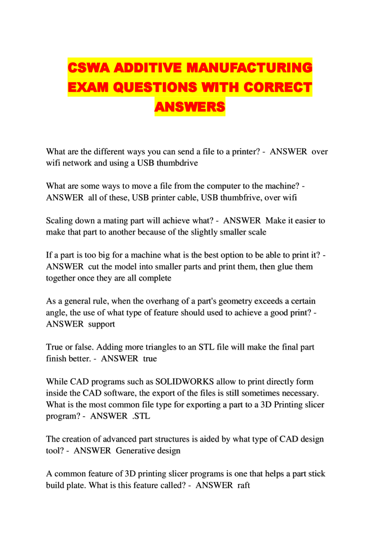 Example Question Cswa CSWA ADDITIVE MANUFACTURING EXAM QUESTIONS WITH CORRECT ANSWERS | Exams ...
