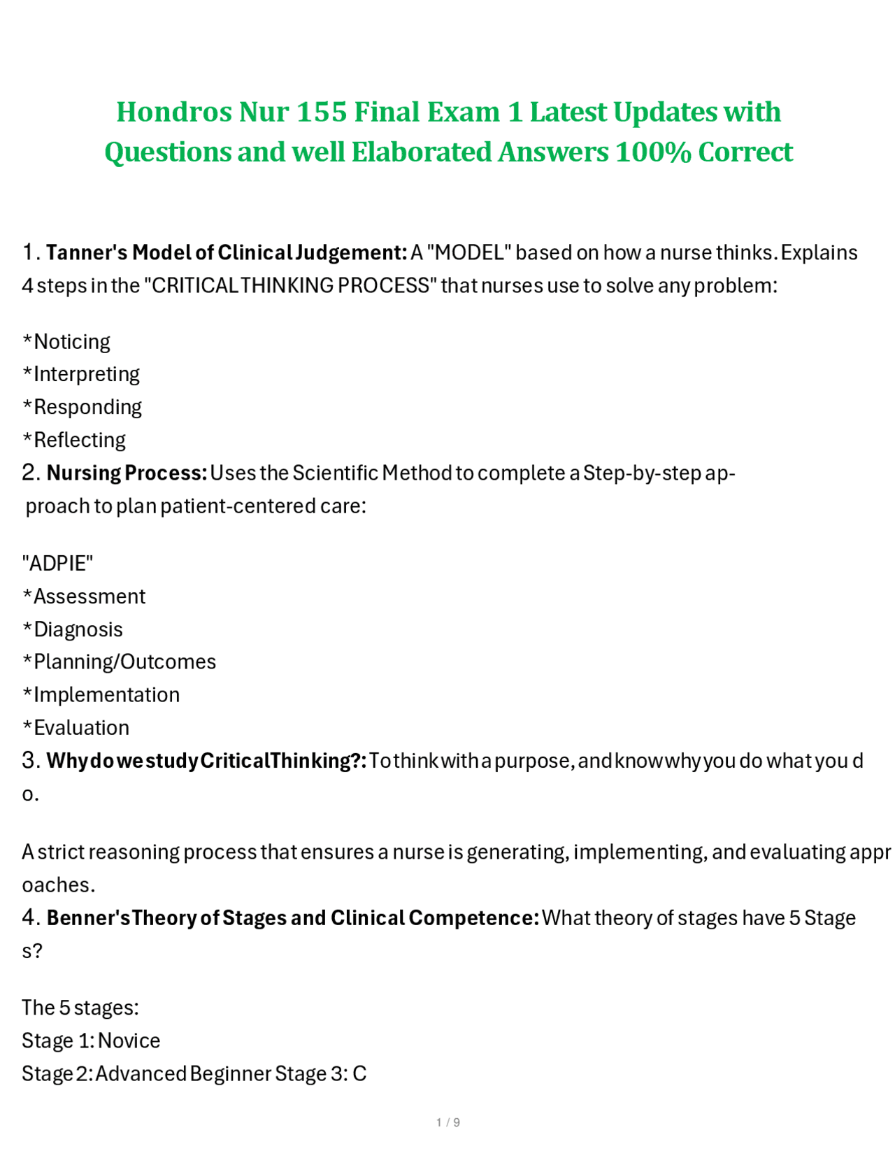 Hondros Nur 155 Final Exam 1 Latest Updates with Questions and well ...