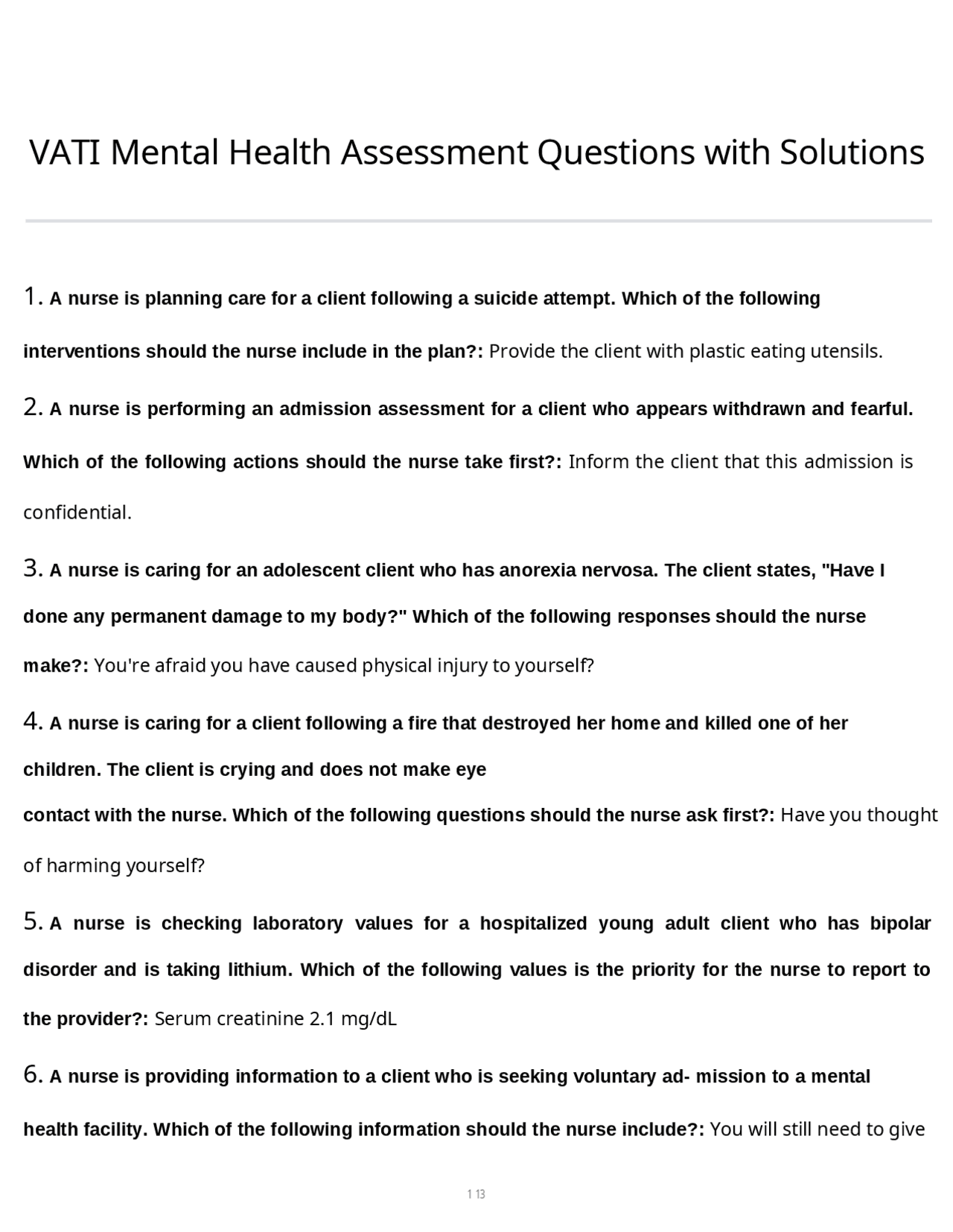 VATI Mental Health Assessment Questions with Solutions | Exams ...