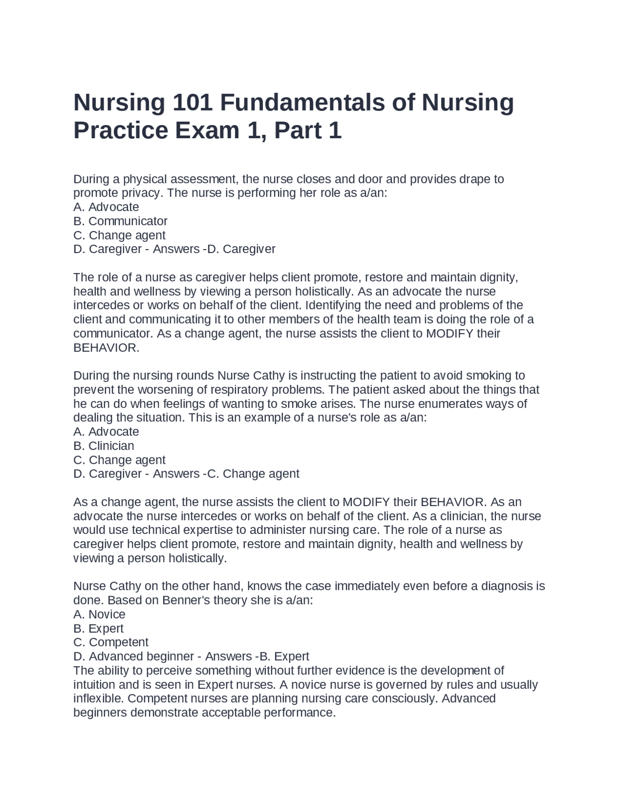 Nursing 101 Fundamentals of Nursing Practice Exam 1 Questions and ...