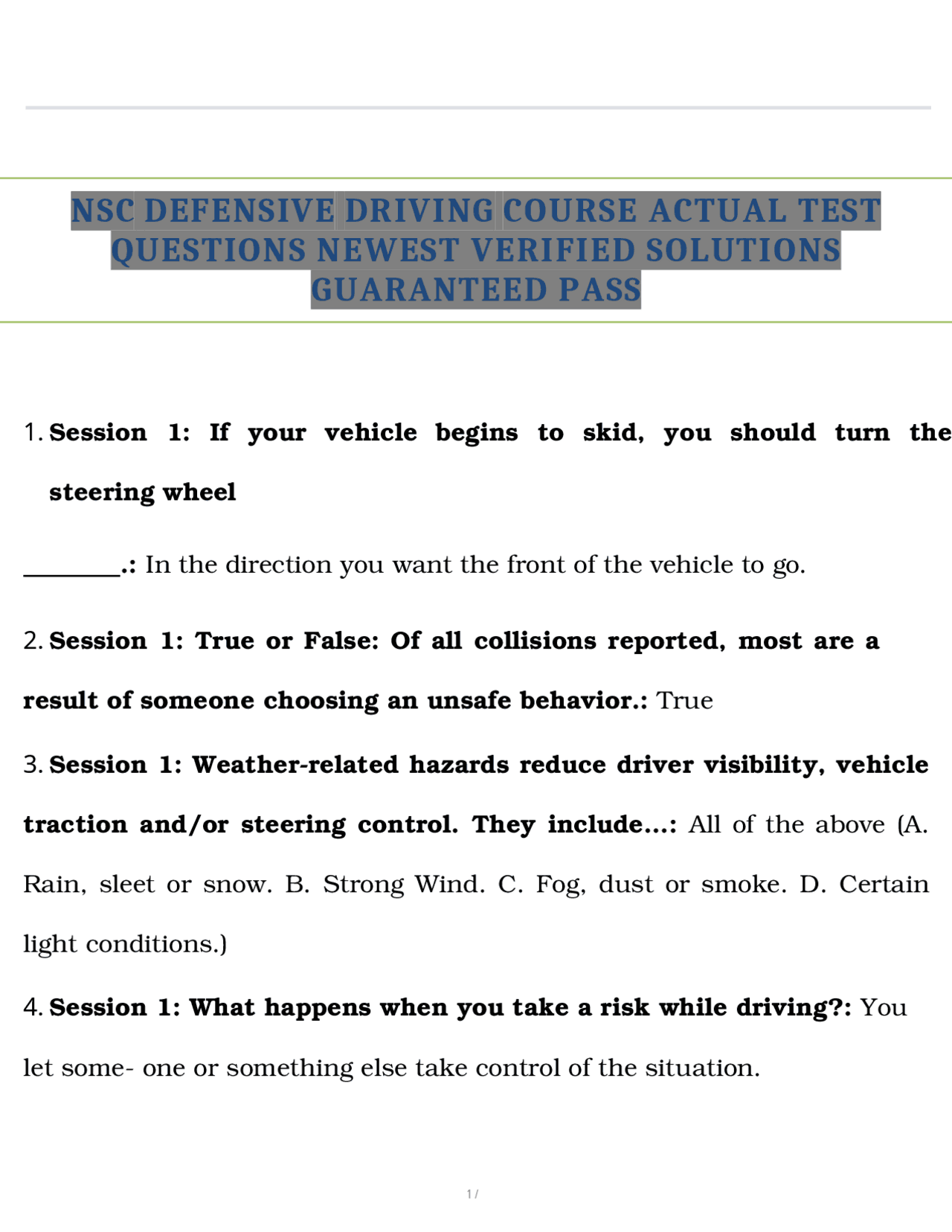 Nsc Testing NSC DEFENSIVE DRIVING COURSE ACTUAL TEST QUESTIONS NEWEST VERIFIED ...