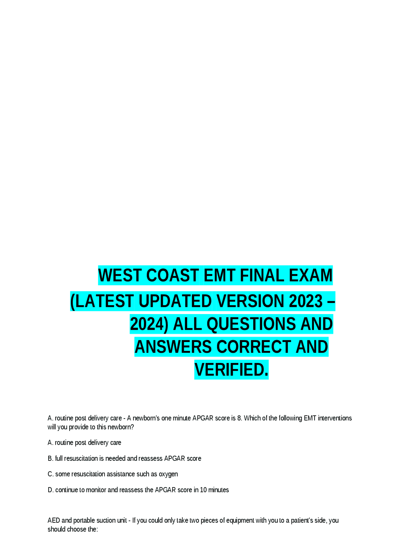 WEST COAST EMT FINAL EXAM (LATEST UPDATED VERSION 2023 – 2024) ALL ...