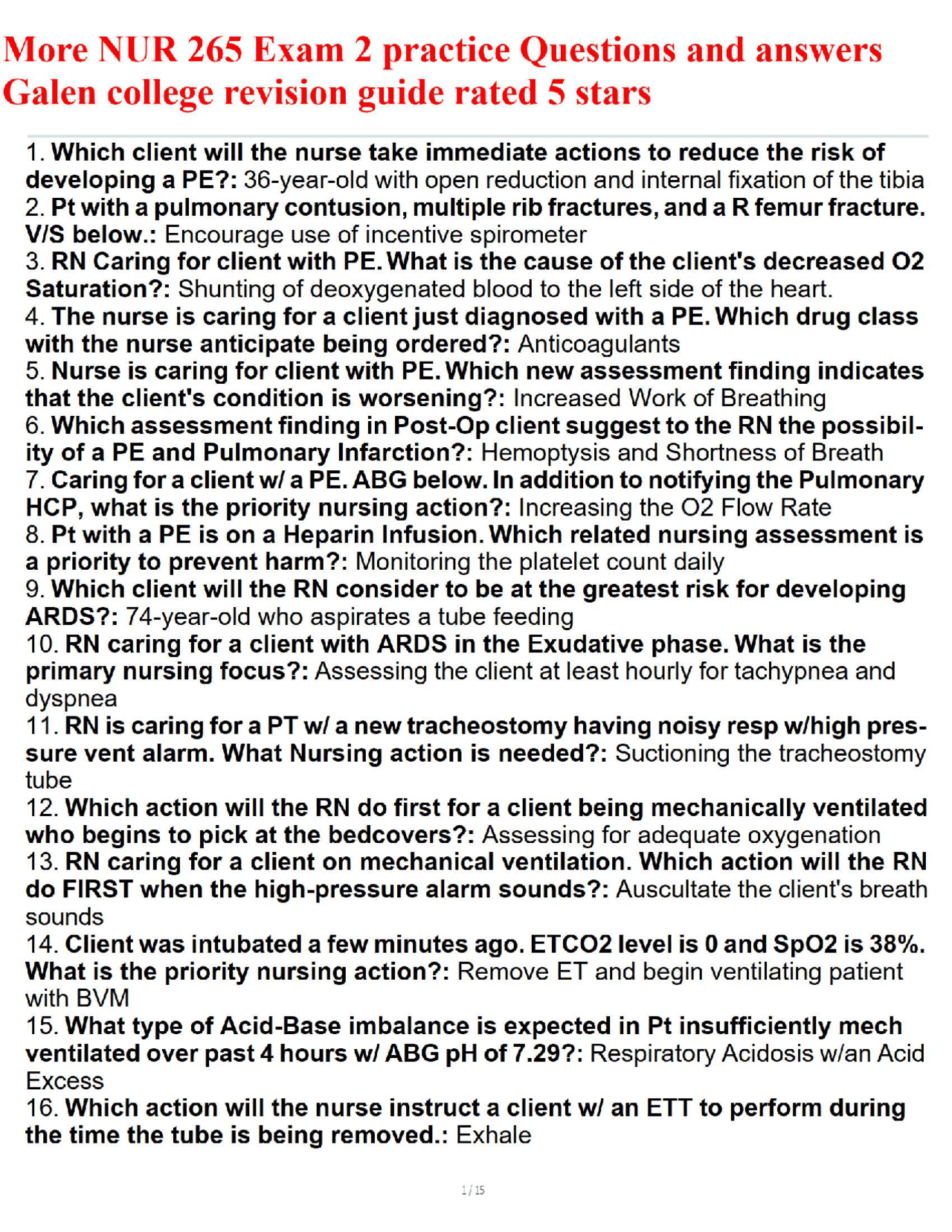 More NUR 265 Exam 2 practice Questions and answers Galen college ...