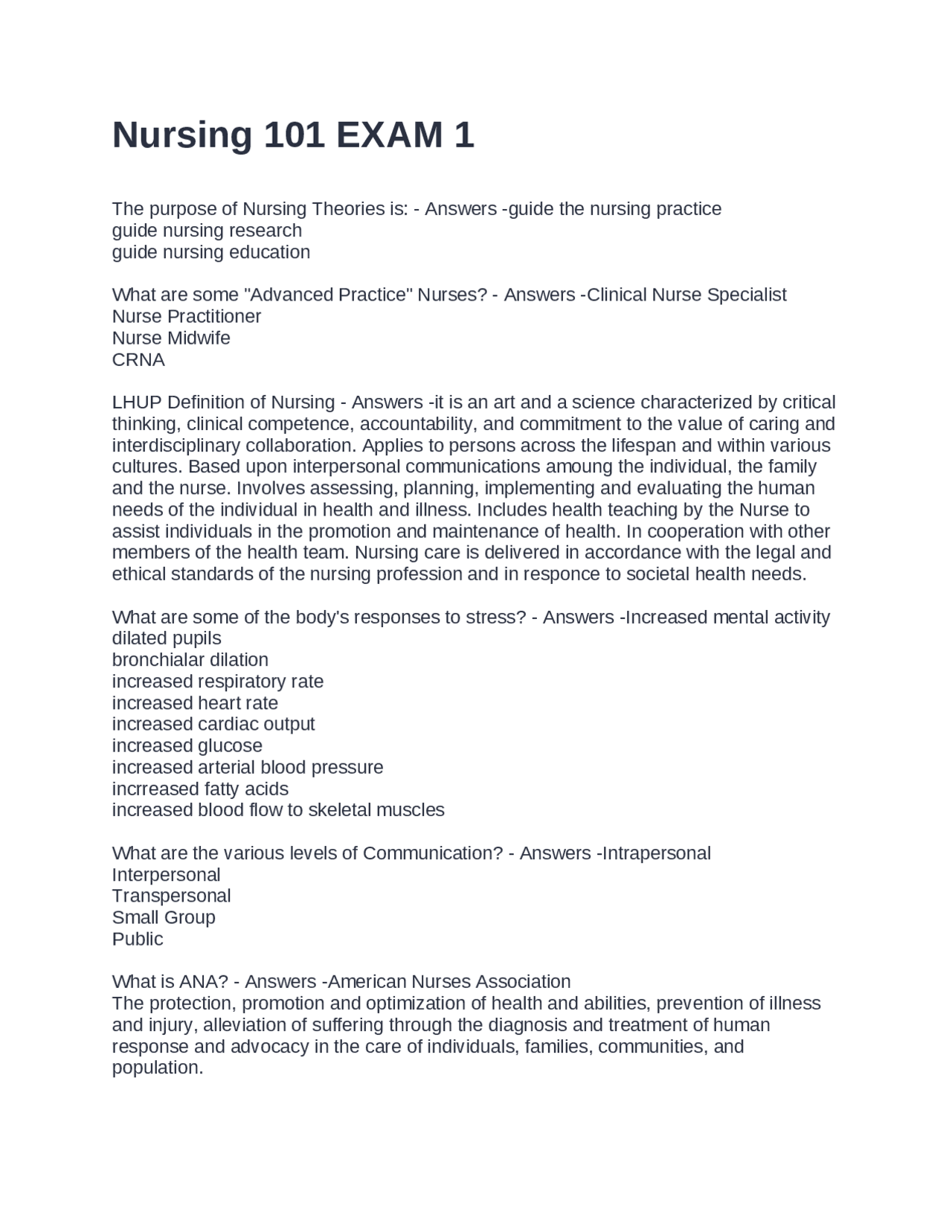 Nursing 101 Exam 1: Key Concepts and Theories in Nursing Practice ...