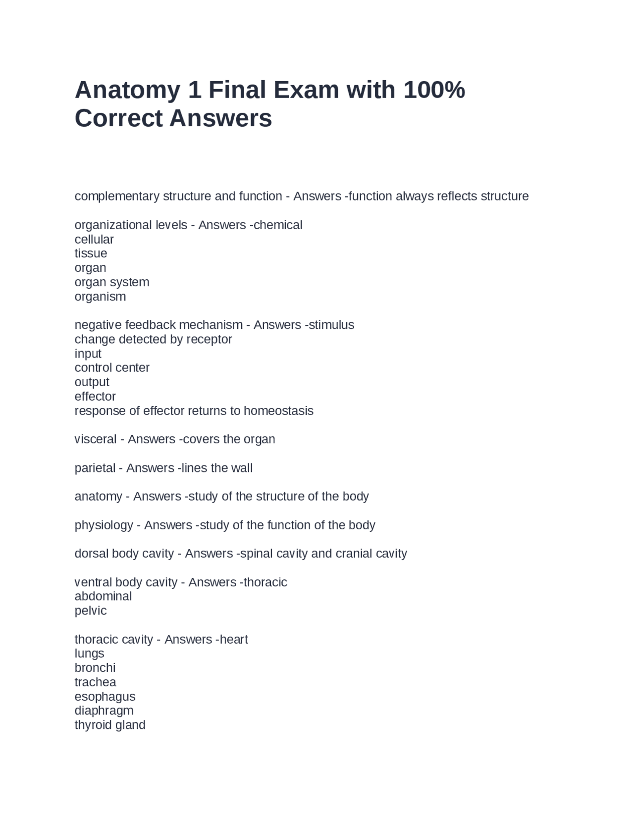 Anatomy 1 Final Exam with 100% Correct Answers: A Comprehensive Review ...