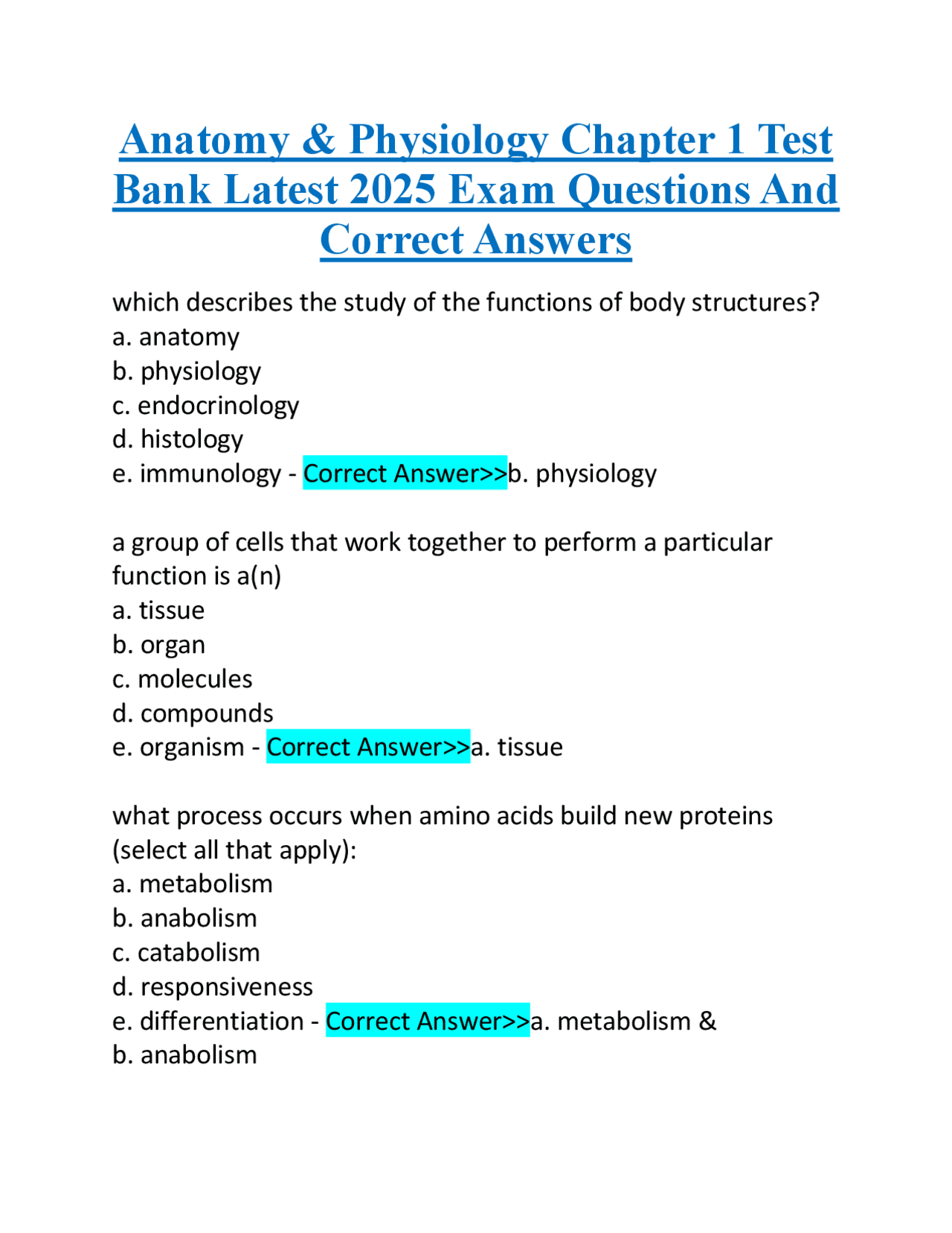 Anatomy & Physiology Chapter 1 Test Bank Latest 2025 Exam Questions And ...