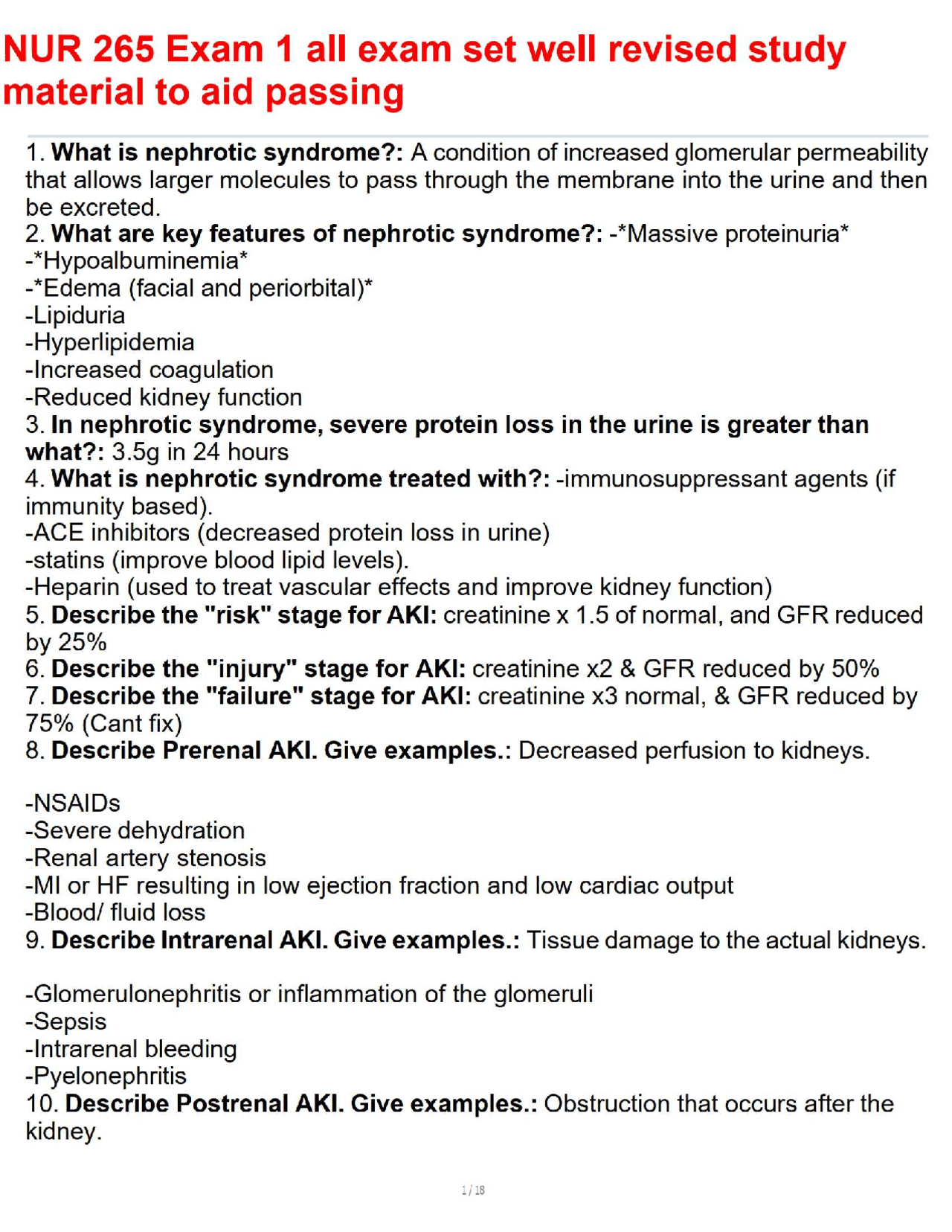NUR 265 Exam 1 all exam set well revised study material to aid passing ...