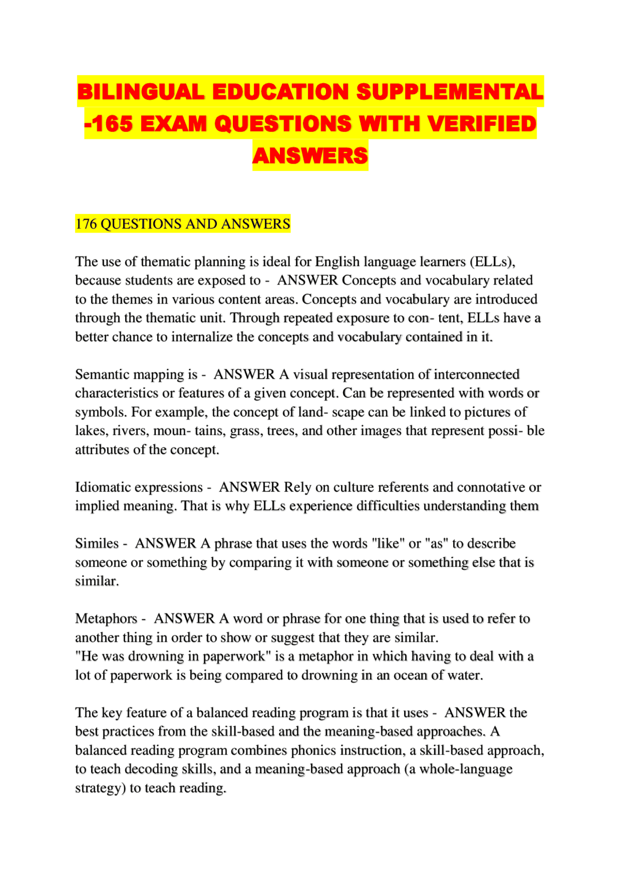 BILINGUAL EDUCATION SUPPLEMENTAL -165 EXAM QUESTIONS WITH VERIFIED ...