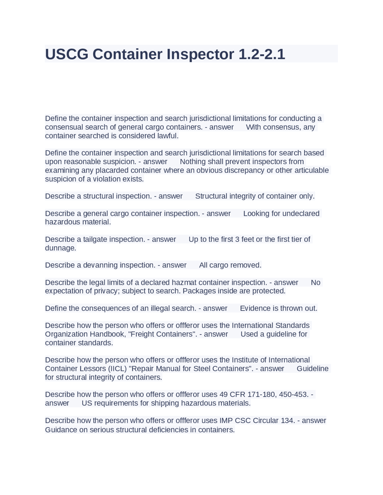 USCG Container Inspector 1.2-2.1 Questions and Answers 100% Correct ...