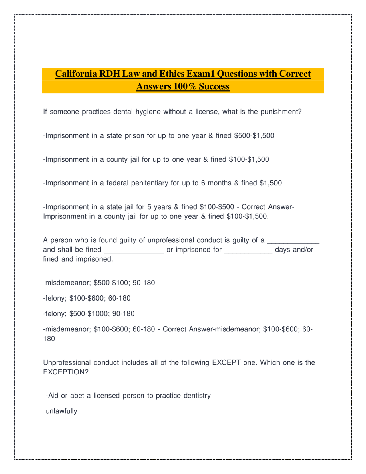 California RDH Law and Ethics Exam1 Questions with Correct Answers ...
