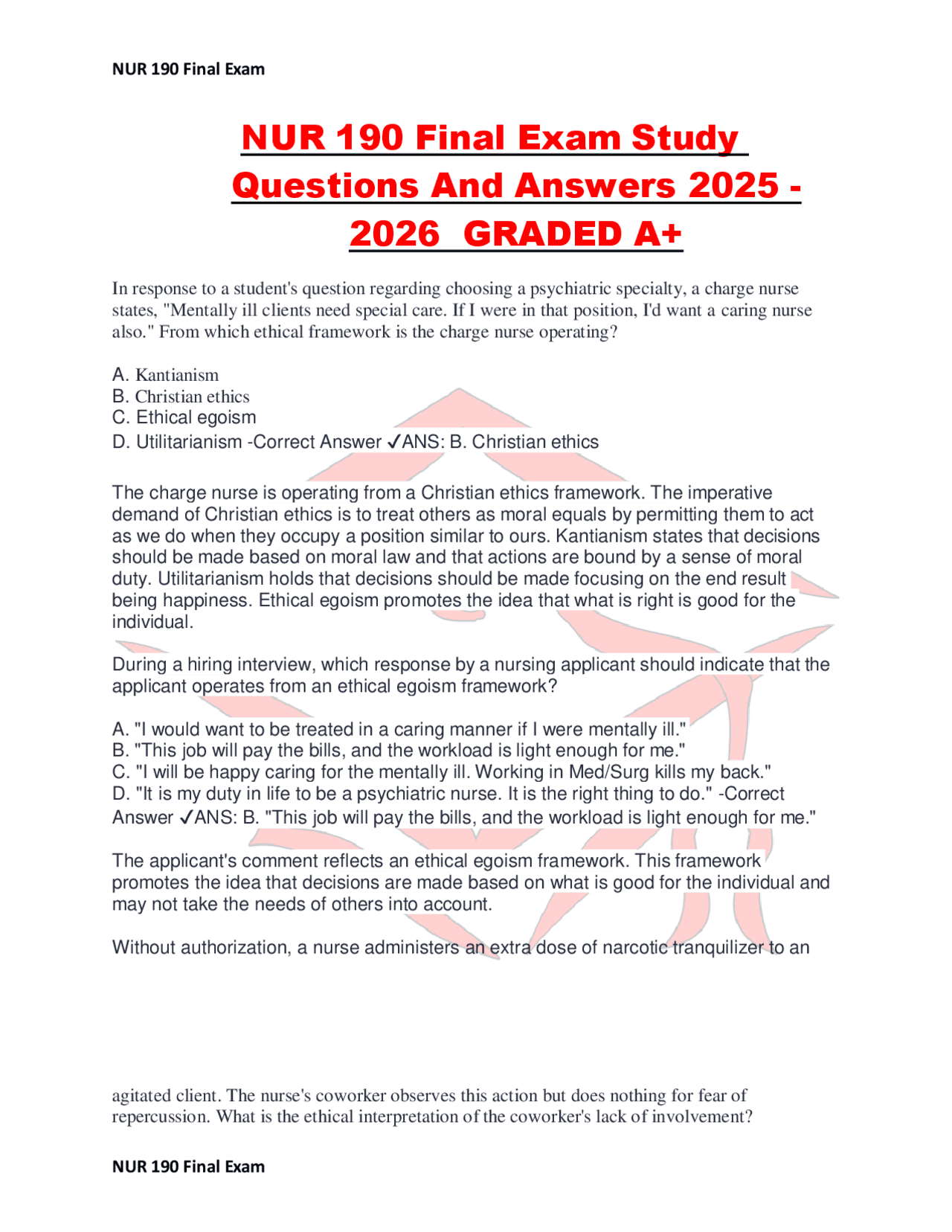 NUR 190 Final Exam Study Questions And Answers 2025 -2026 GRADED A+ ...