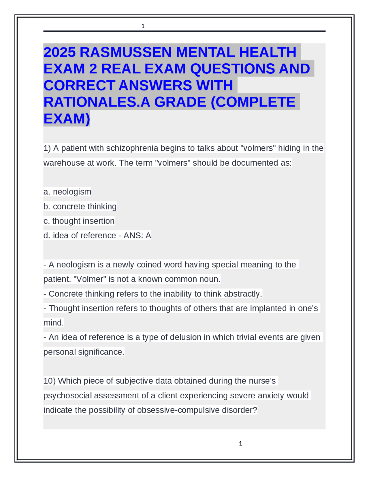 2025 RASMUSSEN MENTAL HEALTH EXAM 2 REAL EXAM QUESTIONS AND CORRECT ...