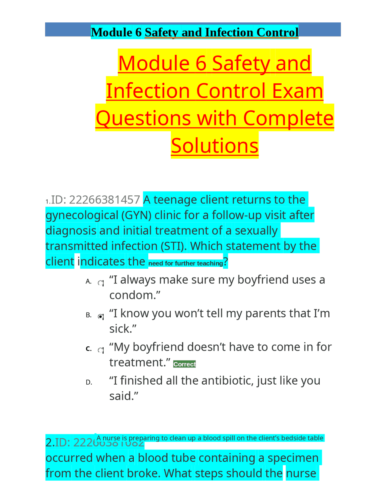 Module 6 Safety and Infection Control Exam Questions with Complete ...