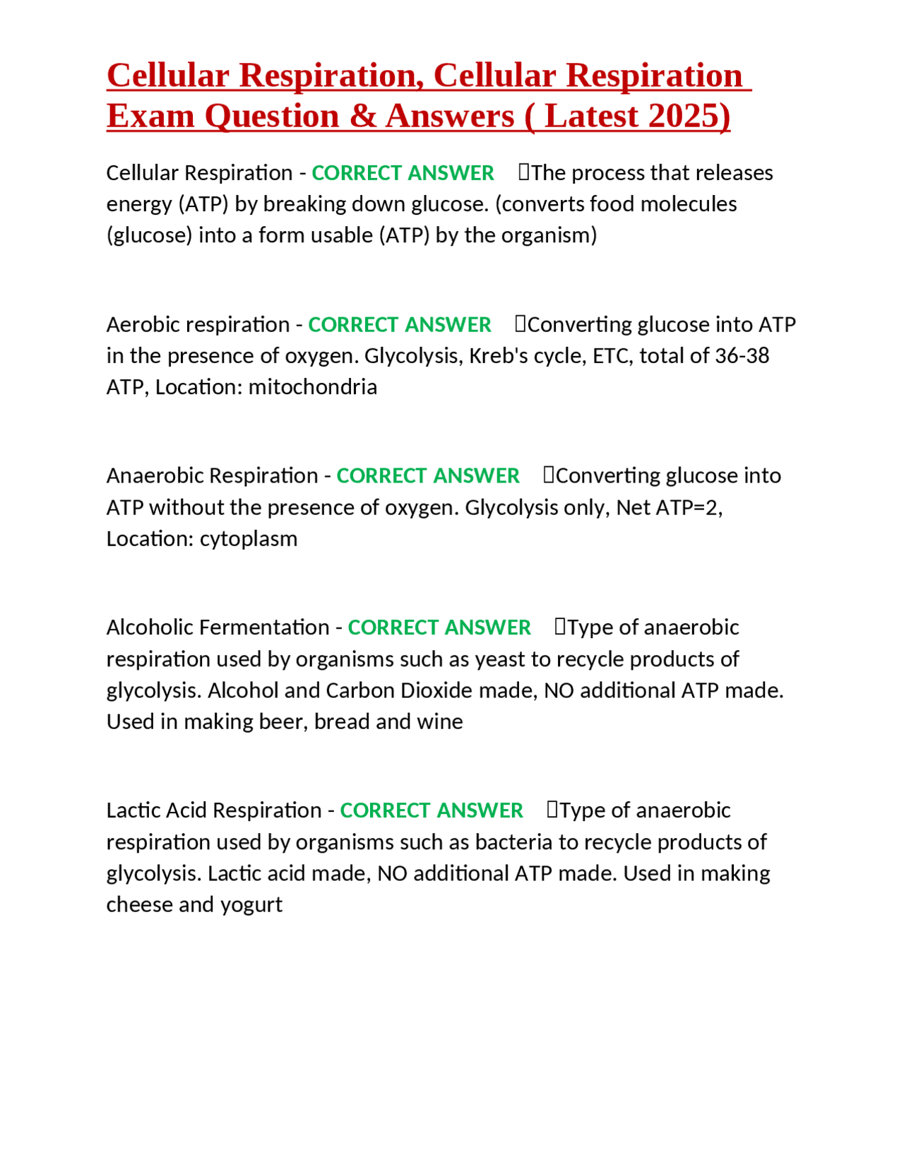 Cellular Respiration Exam Questions and Answers | Exams Nursing | Docsity