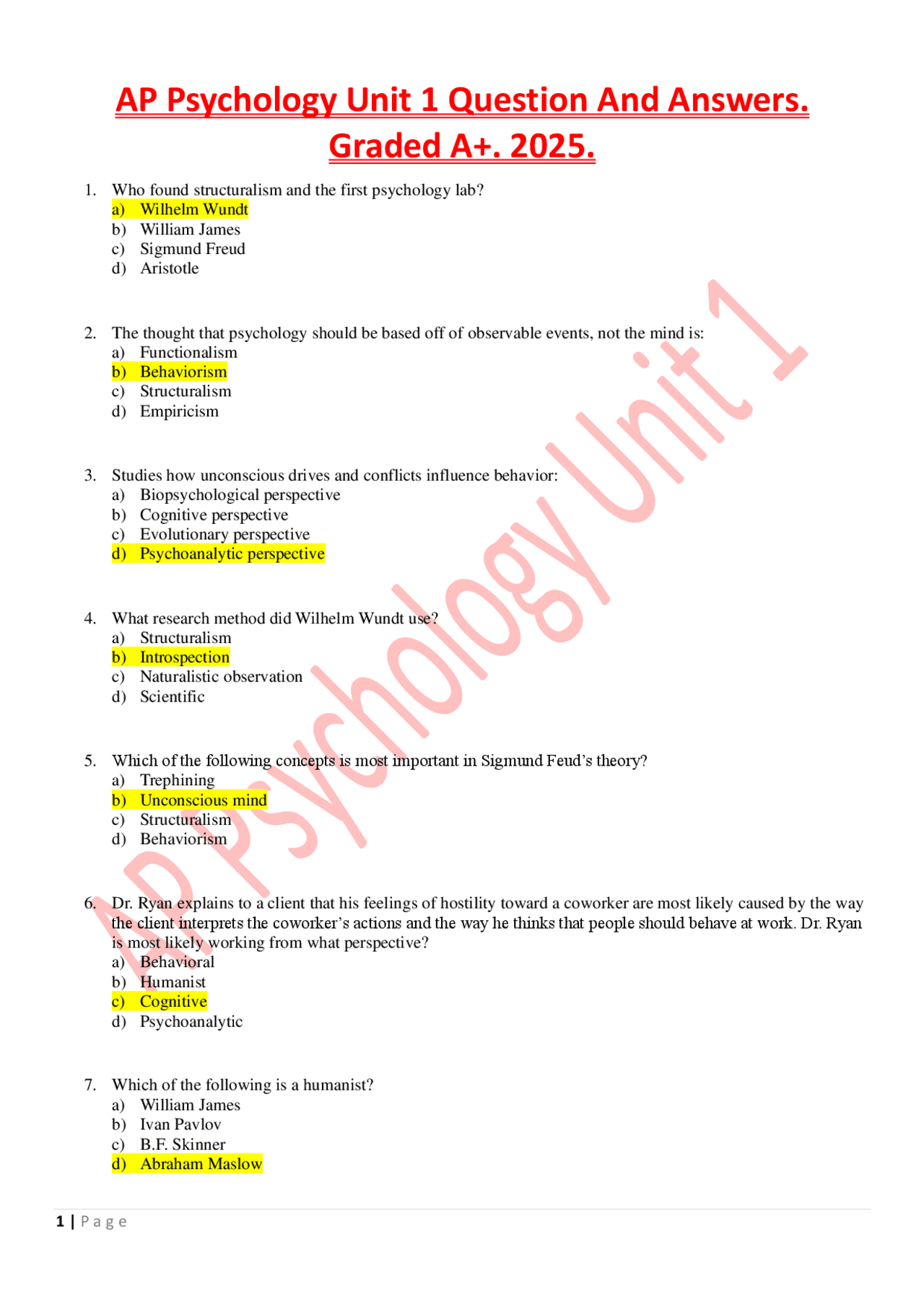 AP Psychology Unit 1: Multiple Choice Questions and Answers 2025-2026 ...