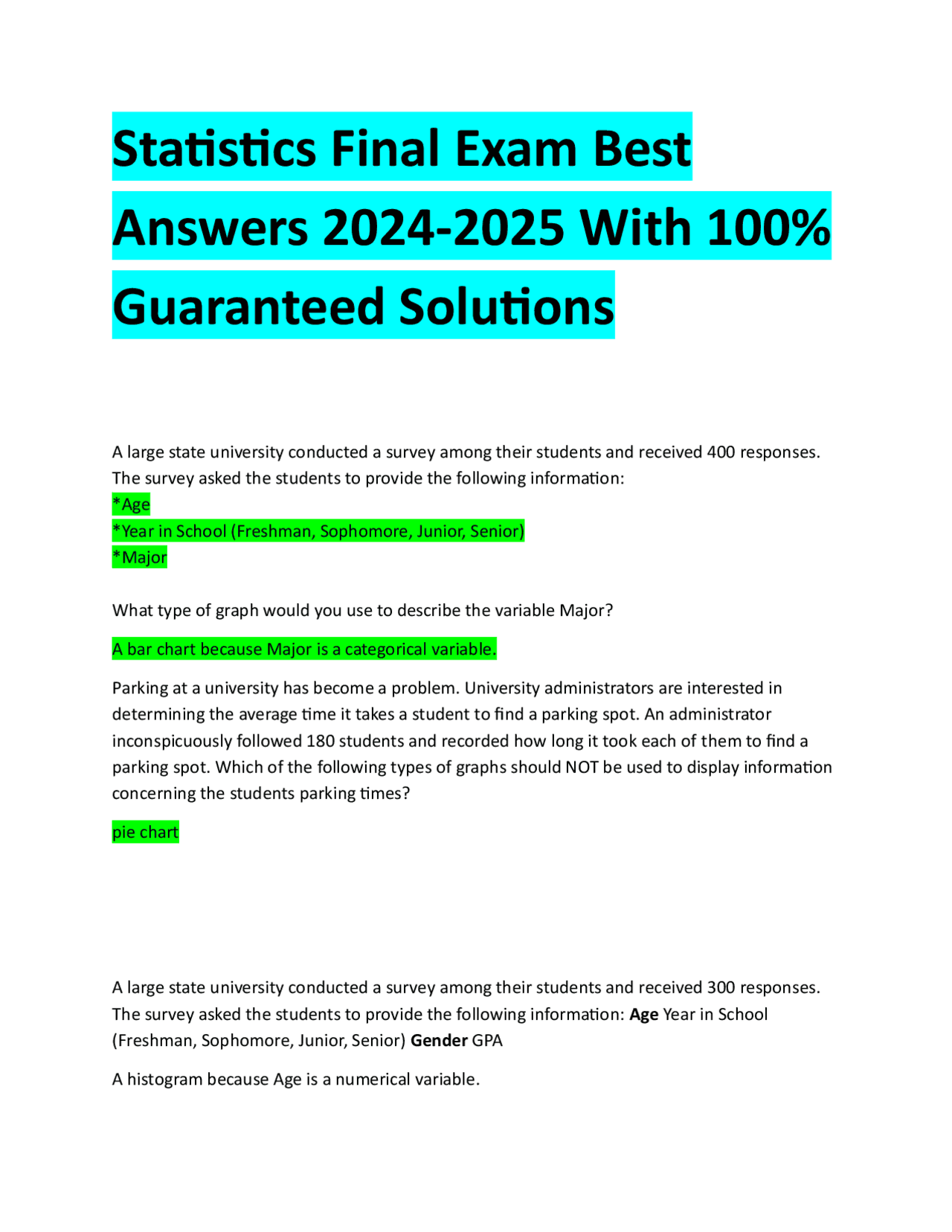 Statistics Final Exam Best Answers 2024-2025 With 100% Guaranteed ...