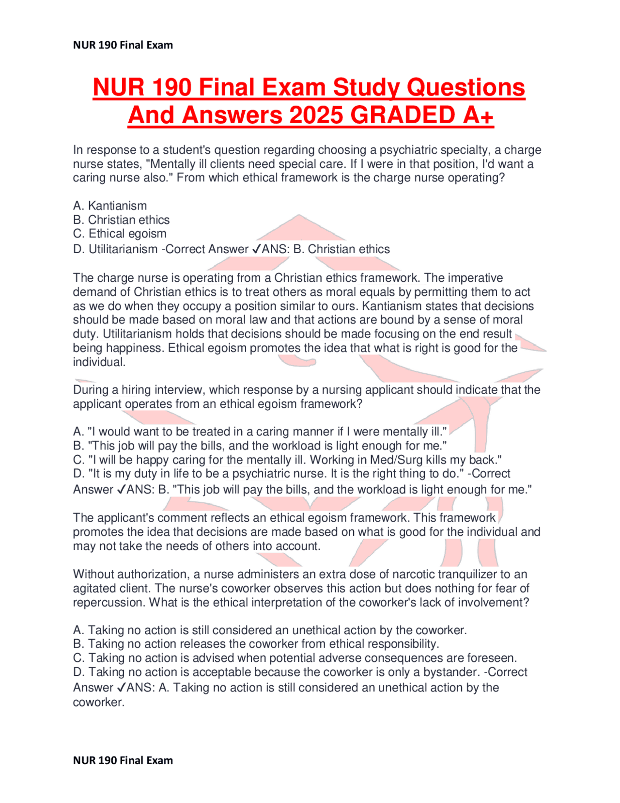 NUR 190 Final Exam Study Questions And Answers 2025 GRADED A+ | Exams ...
