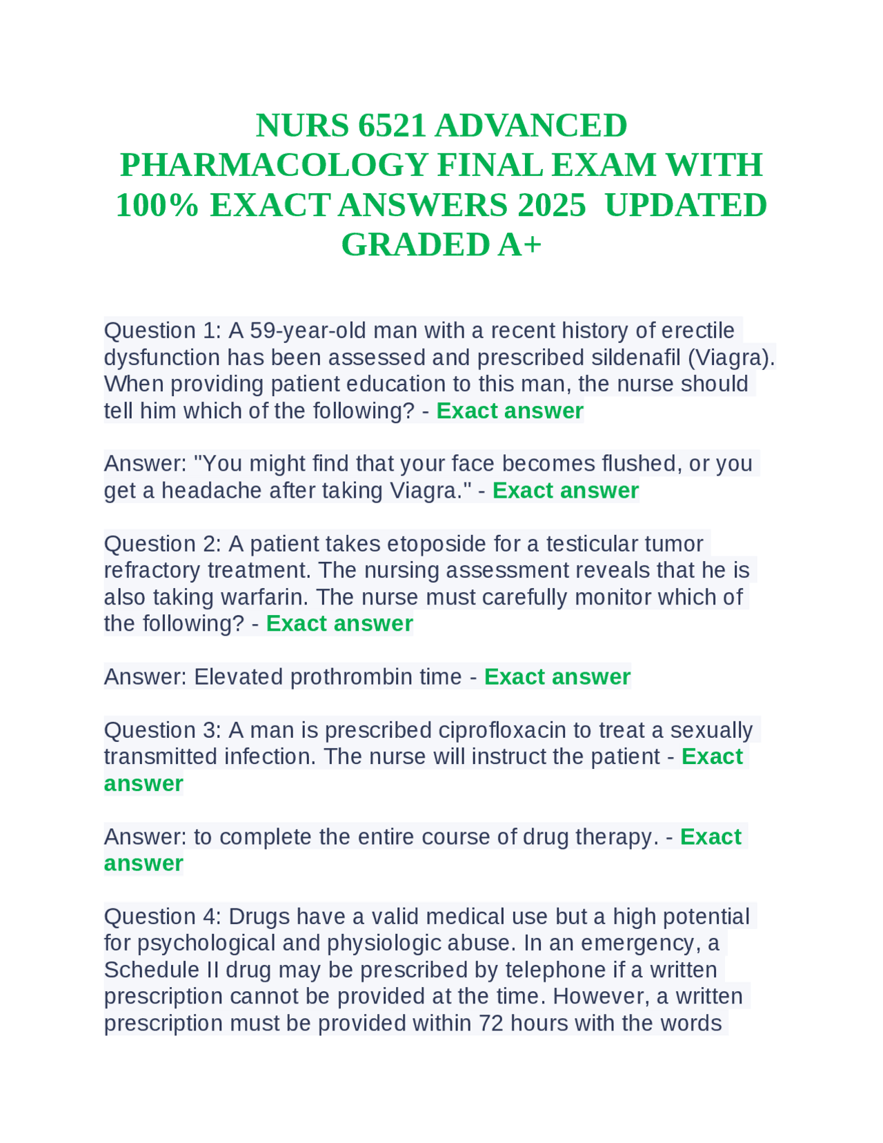 NURS 6521 ADVANCED PHARMACOLOGY FINAL EXAM WITH 100% EXACT ANSWERS 2025 ...