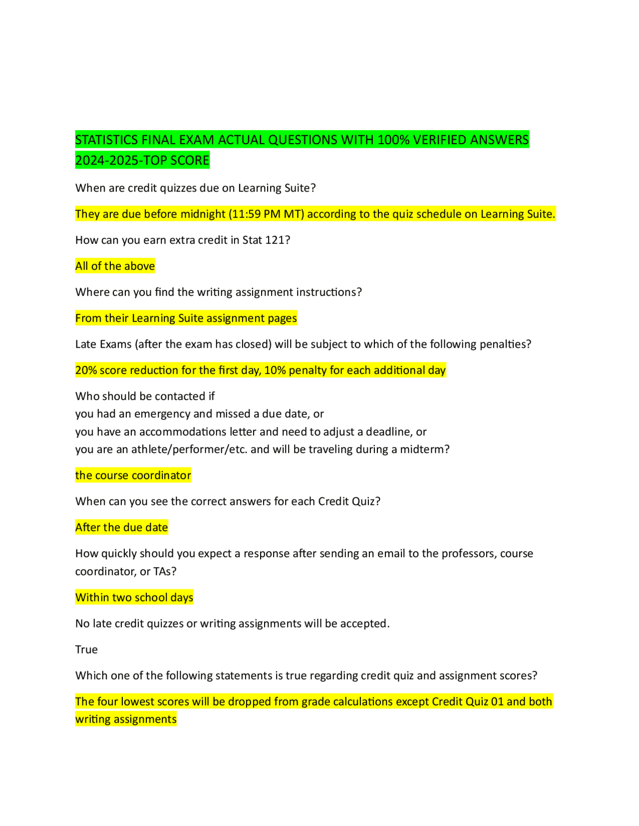 STATISTICS FINAL EXAM ACTUAL QUESTIONS WITH 100% VERIFIED ANSWERS 2024 ...