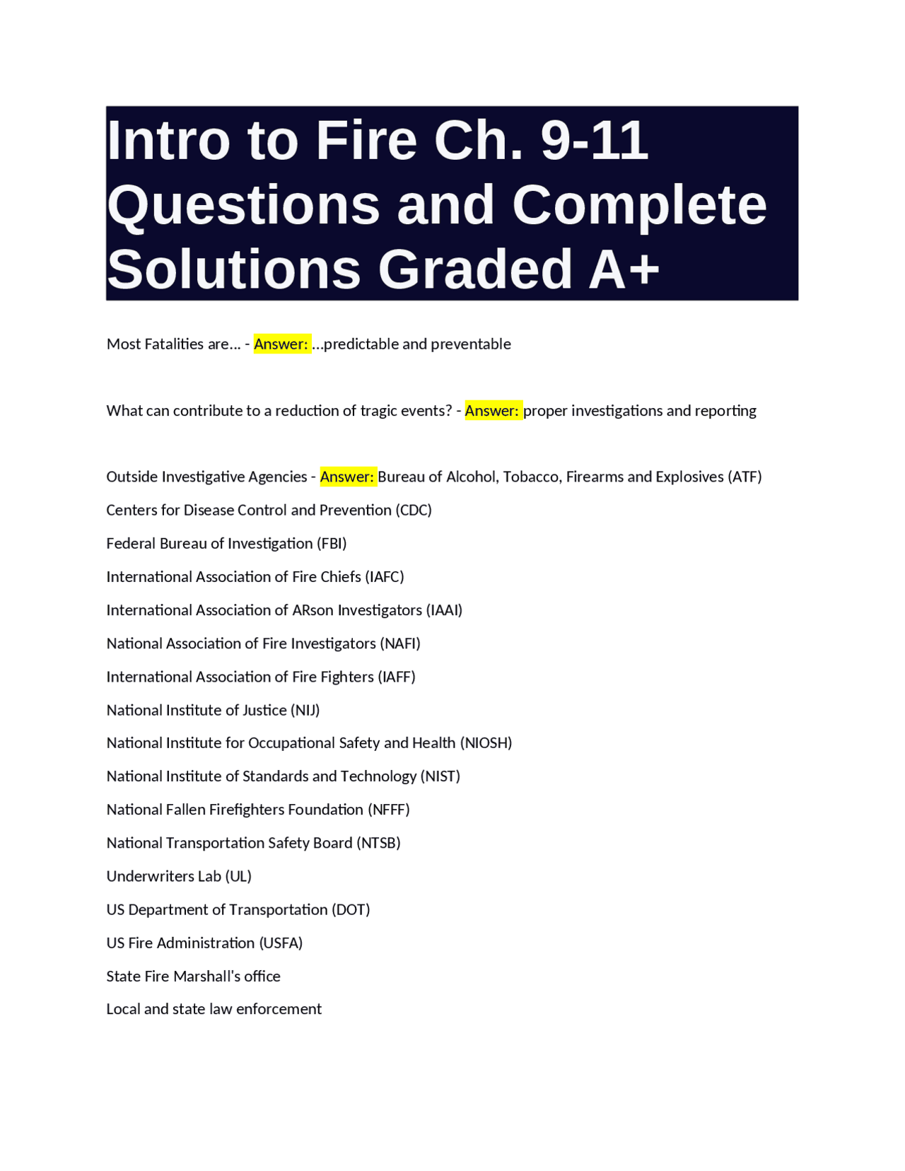 Fire Investigation: Questions and Answers for Chapters 9-11 | Exams ...