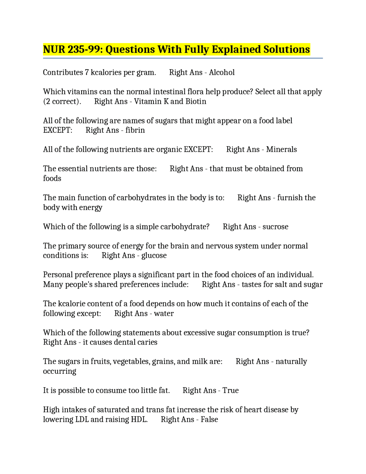 235 Number Questions NUR 235-99: Questions With Fully Explained Solutions | Exams Nursing ...