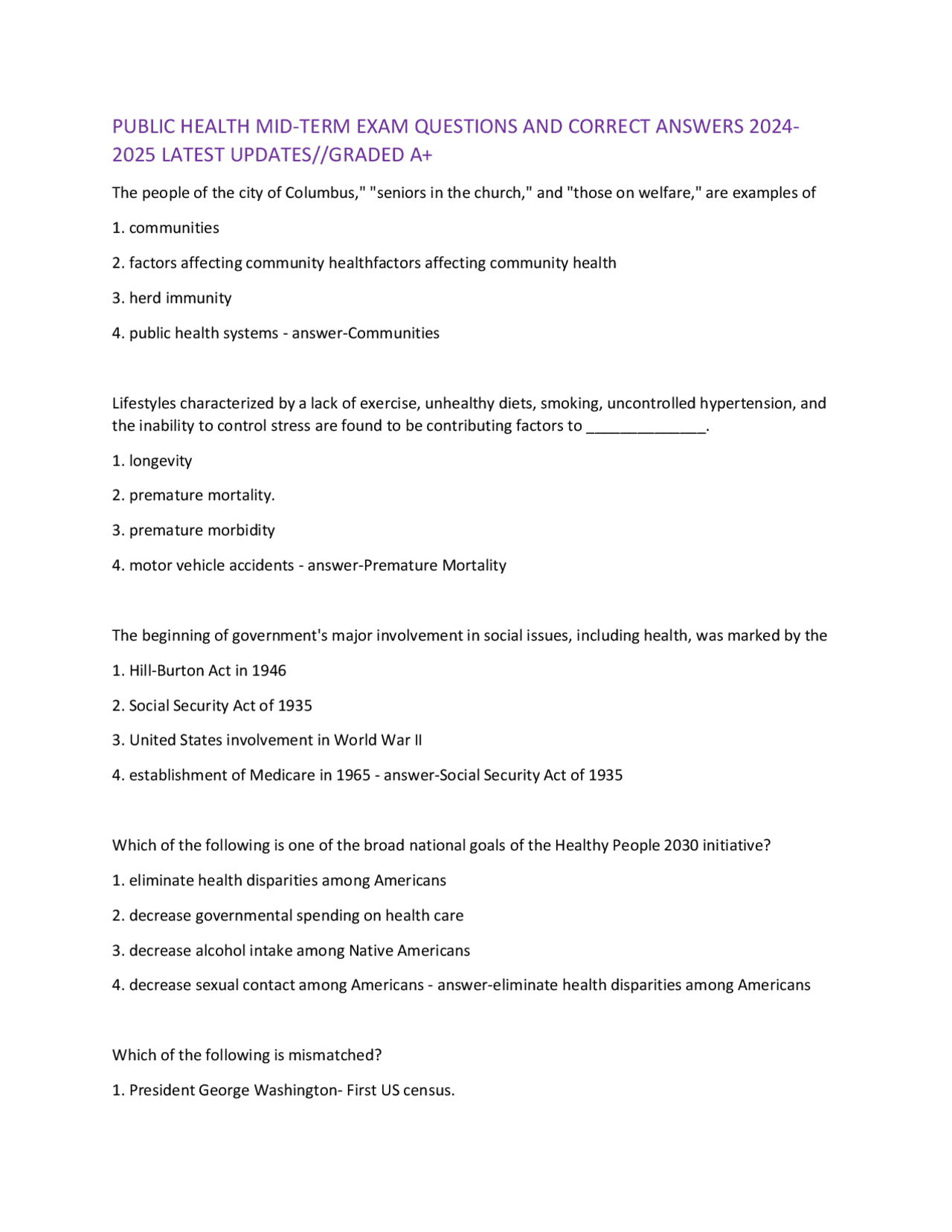 PUBLIC HEALTH MID-TERM EXAM QUESTIONS AND CORRECT ANSWERS 2024 2025 ...