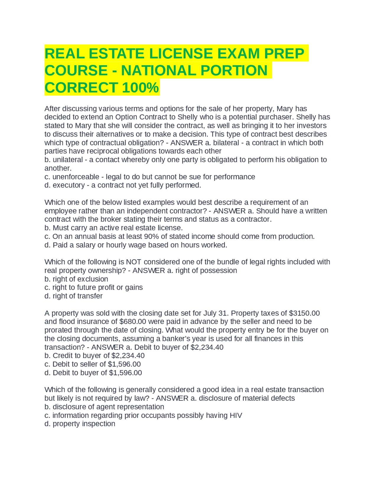 Real Estate License Exam Prep: National Portion | Exams Real Estate Management | Docsity