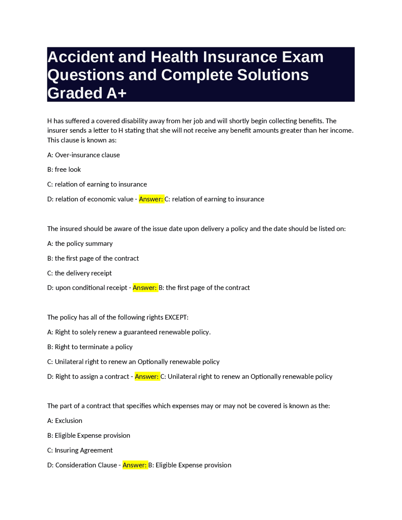Accident and Health Insurance Exam Questions and Complete Solutions ...