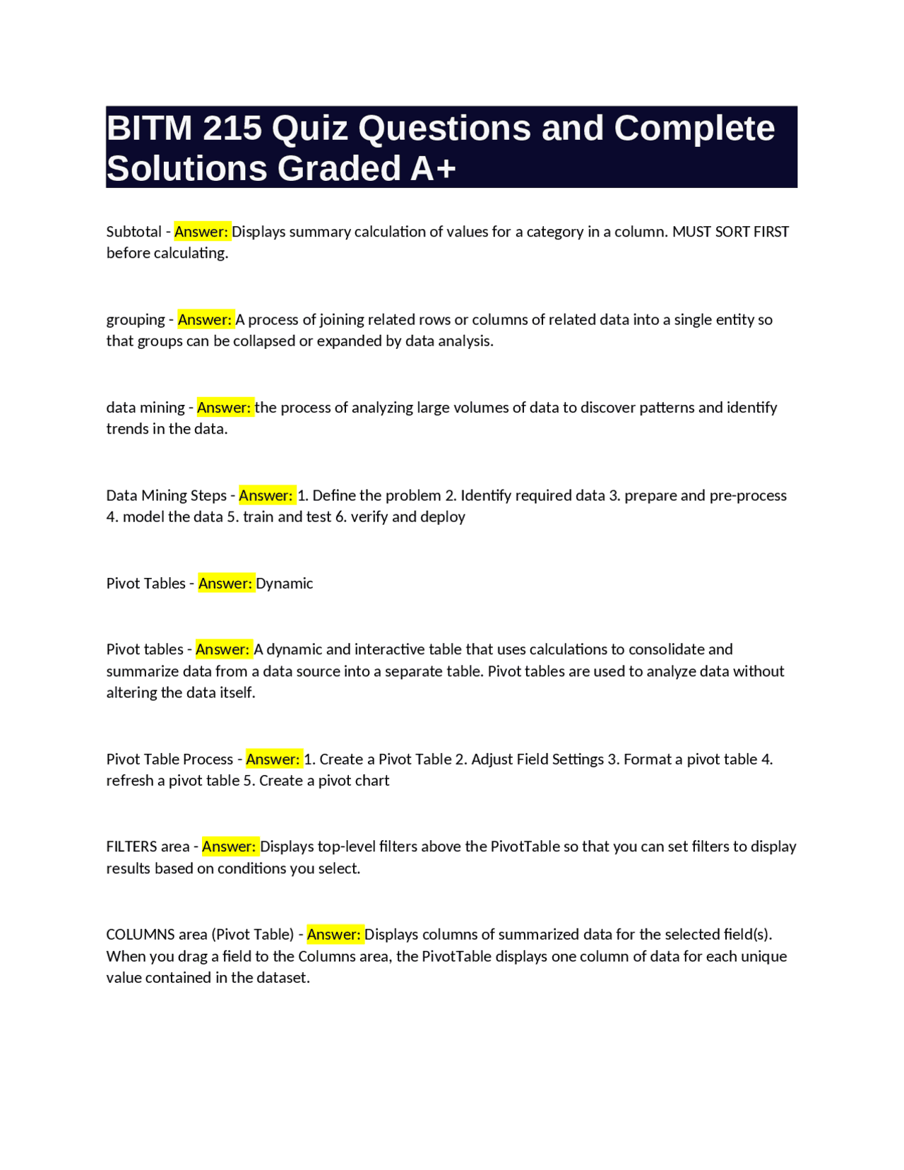 BITM 215 Quiz Questions and Complete Solutions: Data Analysis and ...