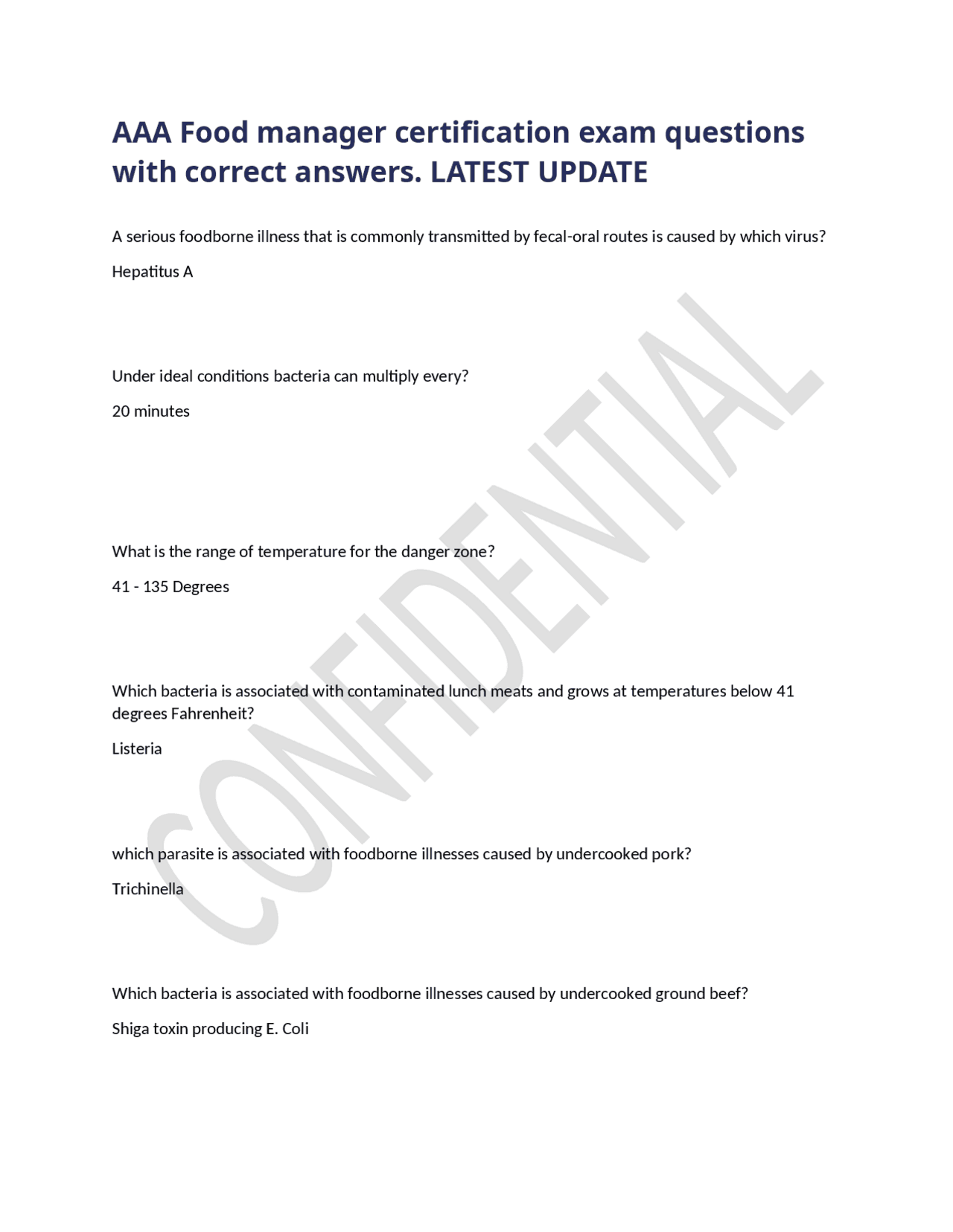 AAA Food manager certification exam questions with correct answers ...