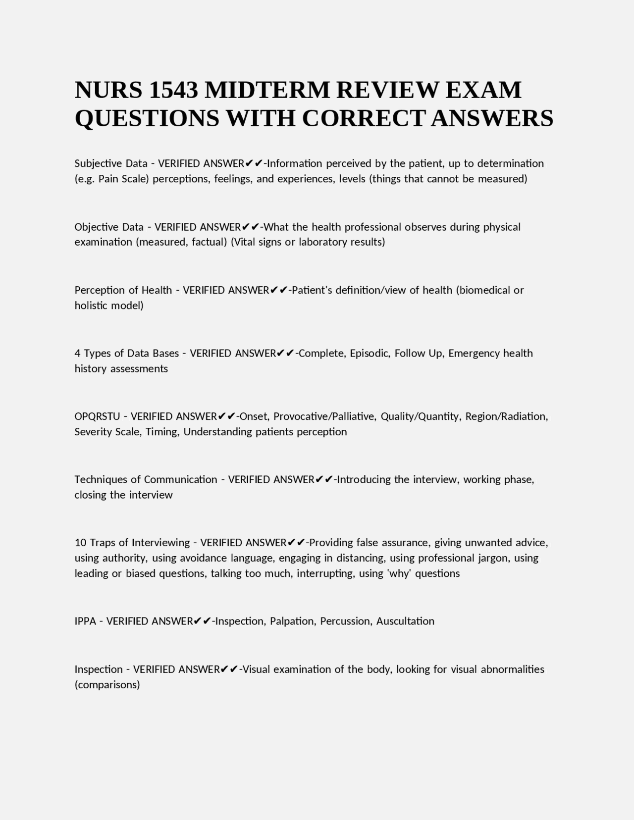 NURS 1543 MIDTERM REVIEW EXAM QUESTIONS WITH CORRECT ANSWERS. | Exams ...